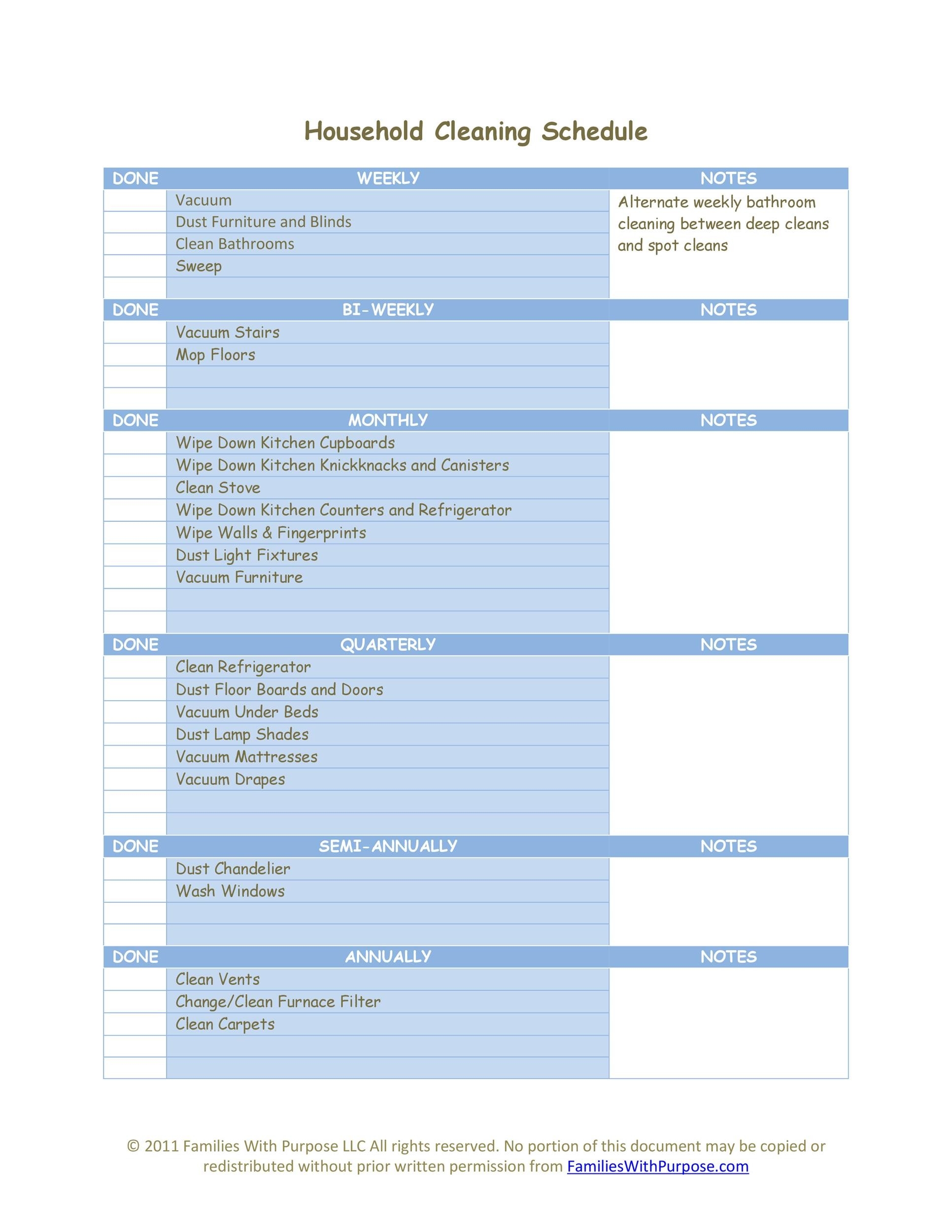 Weekly Home Cleaning Schedule Printable