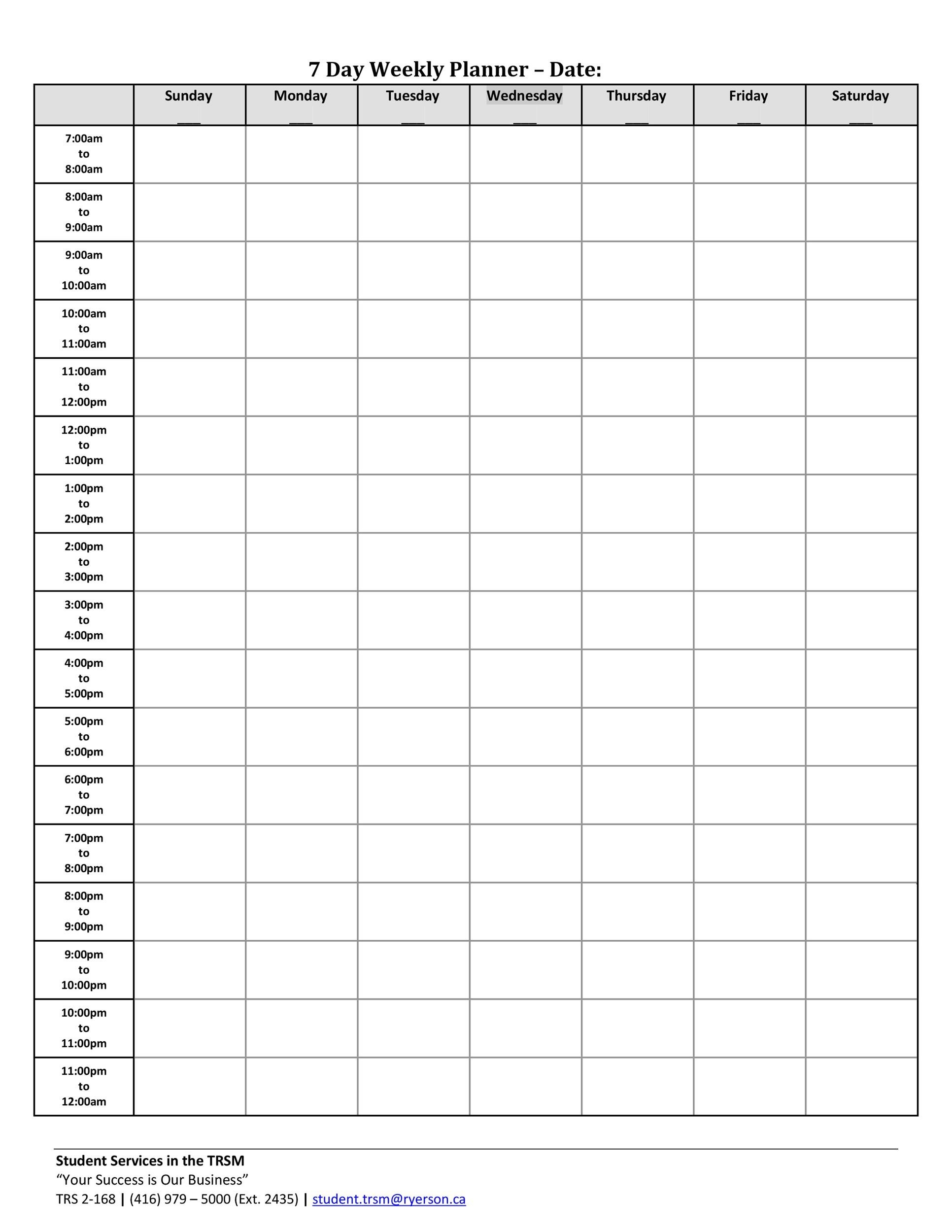 24 Hour Weekly Schedule Printable