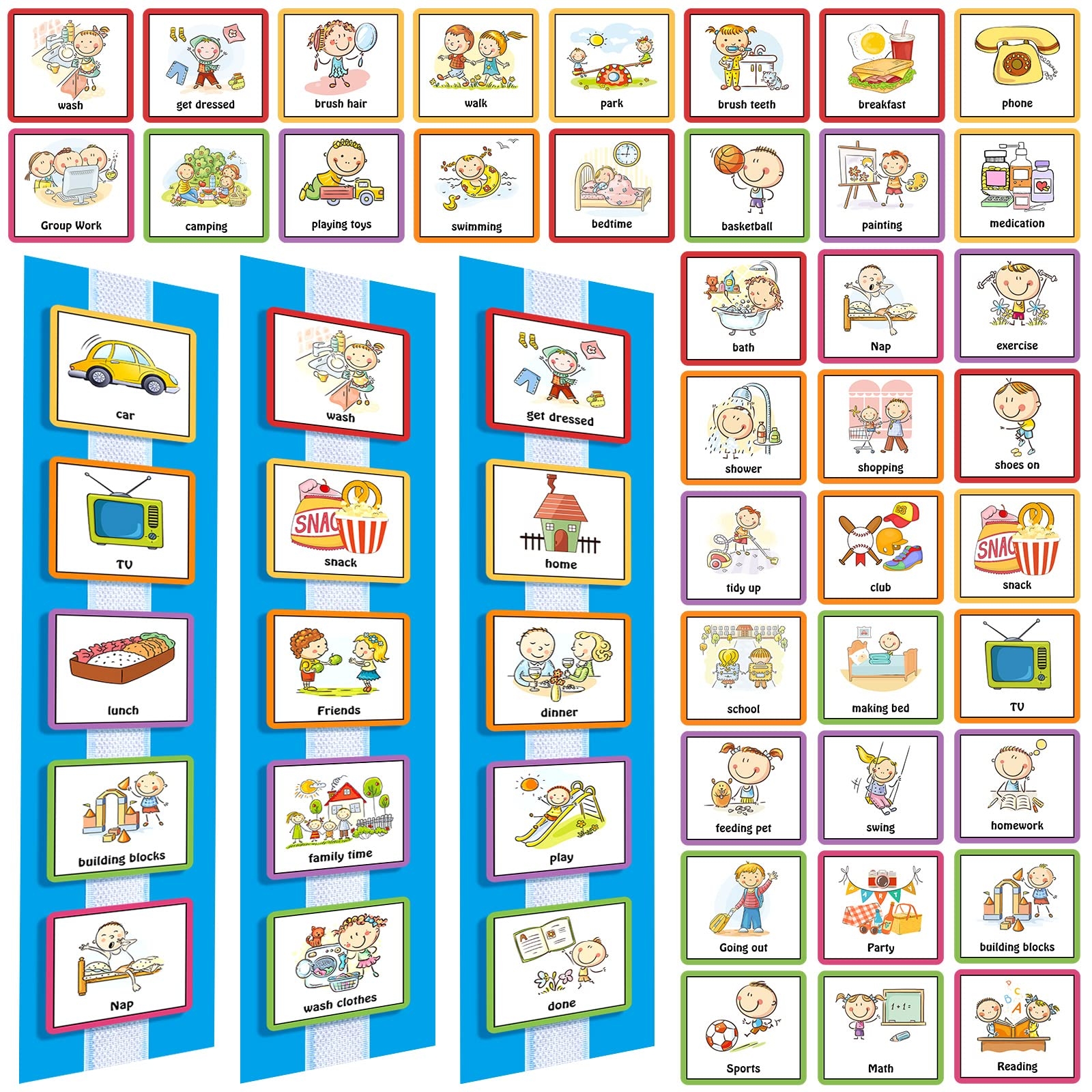 Amazon Geyee 60 Pcs Kids Visual Schedule Cards Daily Routine Chart Visual Wall Planner Cards Bulk For Autism Learning Materials Aspergers ADHD Home School Education Behavioral Tool Blue Office Products