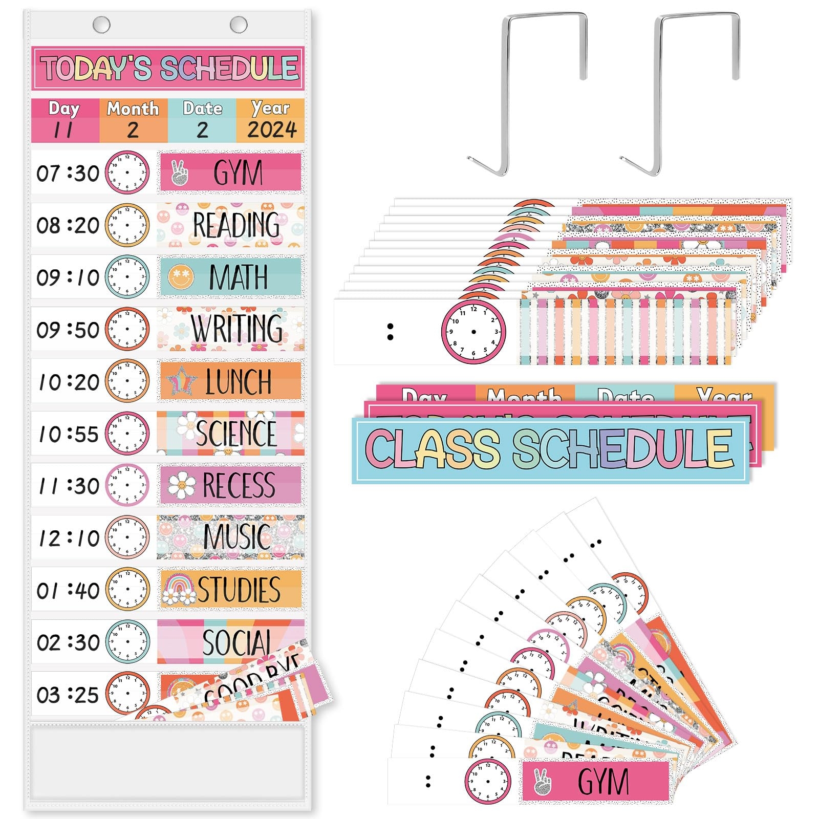 Amazon JarThenaAMCS Groovy Daily Schedule Pocket Chart 13 X 35 5 Inch Boho 13 1 Pockets Visual Schedule Chart Board With 24 Cards For School Classroom Home Office Supplies Office Products
