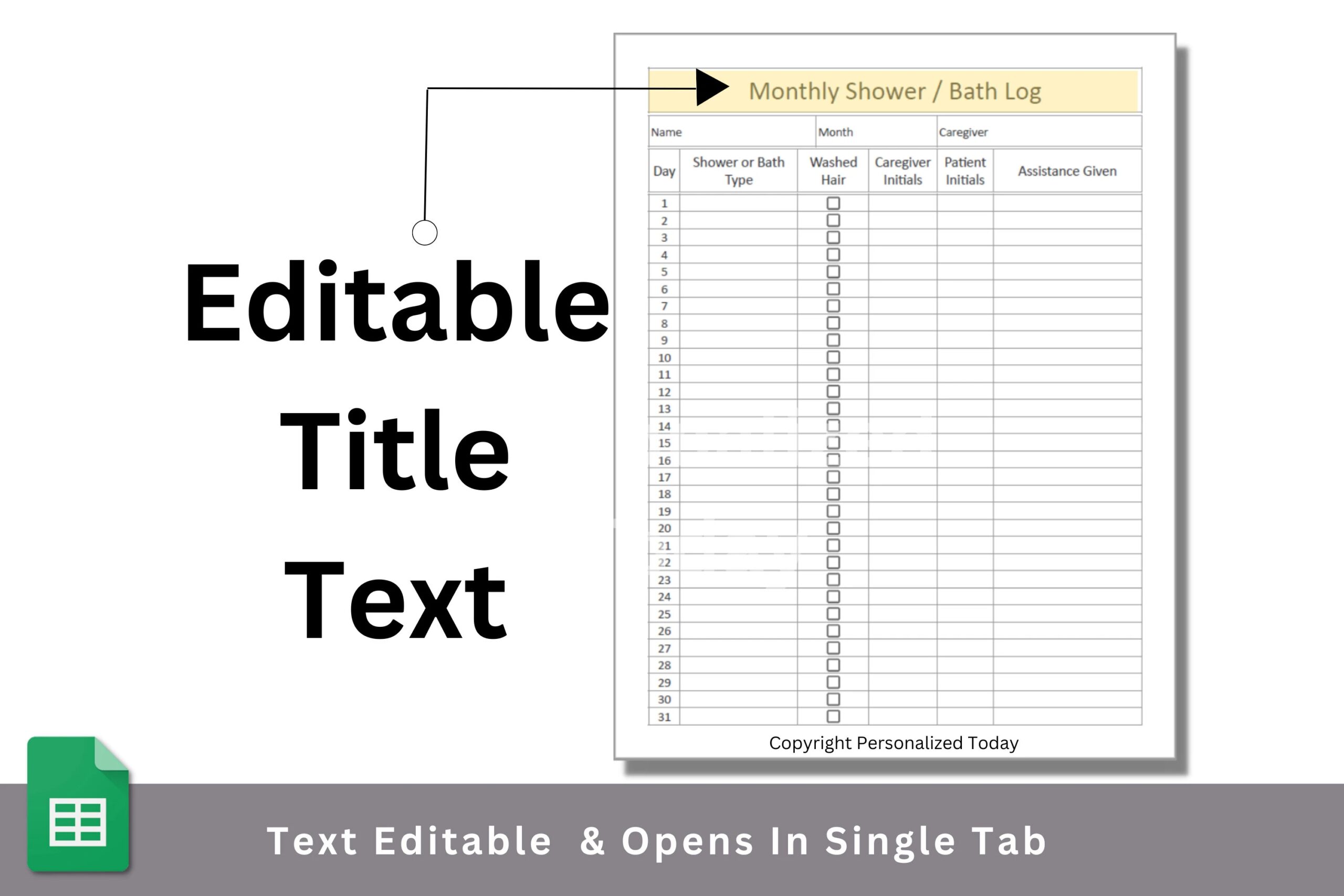 Assisted Living Monthly Shower Bath Log Google Sheets Text Editable Text Fillable Spreadsheet Template Etsy