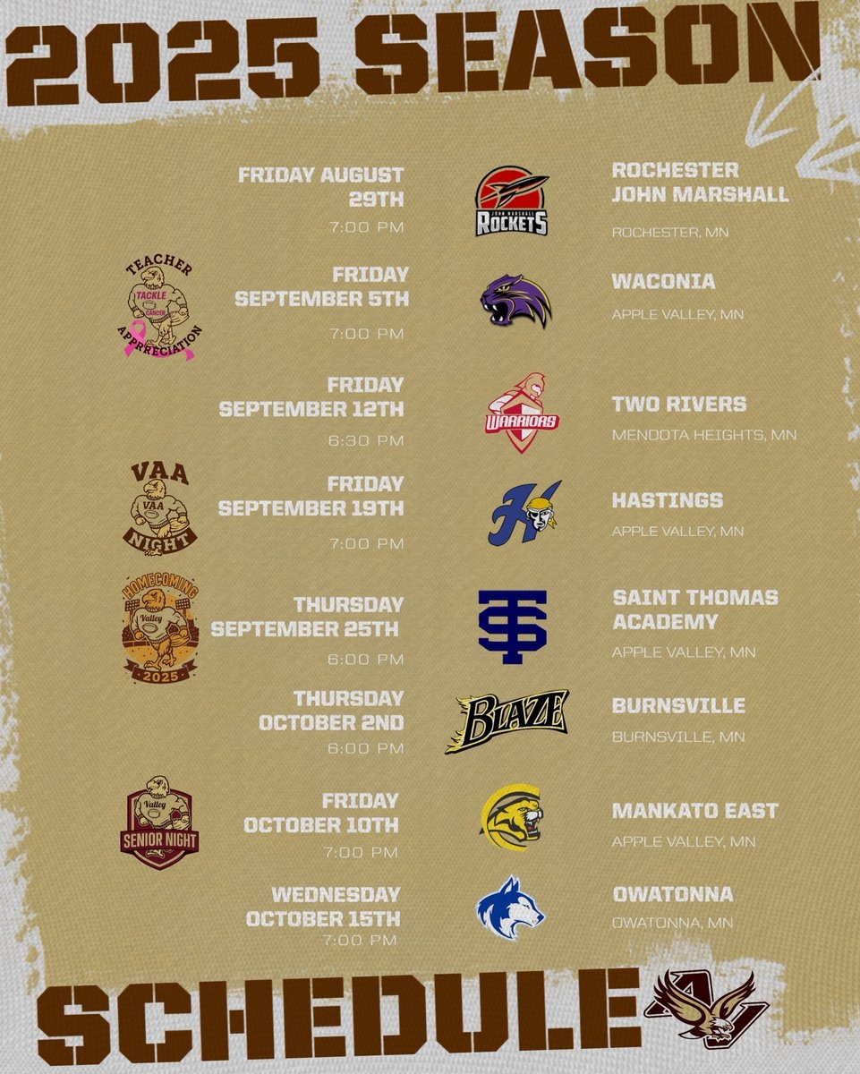 AV Football On X Apple Valley Eagles 2025 Football Schedule Is HERE We re Fired Up For Another Incredible Season Under The Lights And This Year We ve Got Some Unforgettable