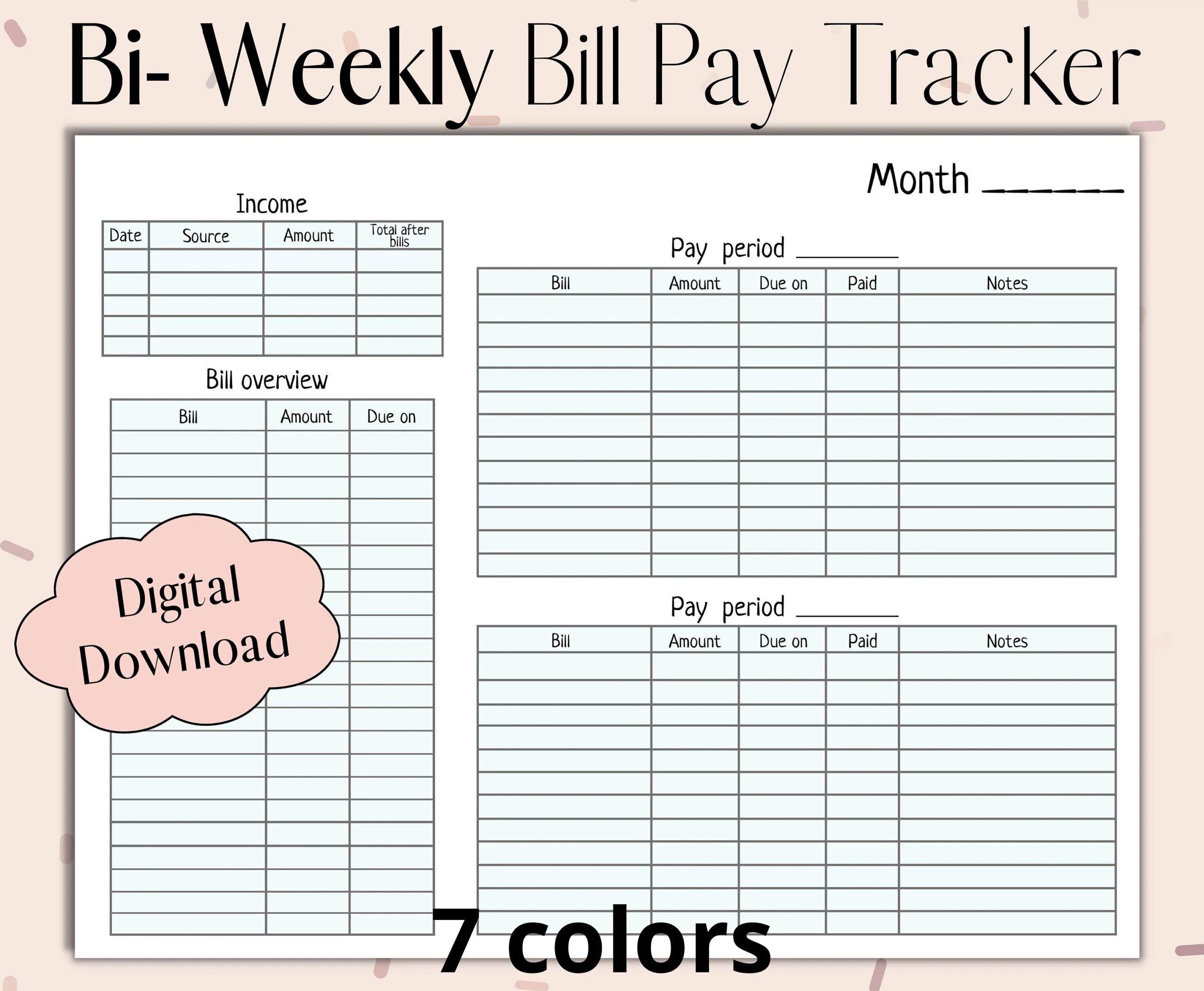 Bill Tracker Bi weekly Bill Pay Budget Tracker Monthly Budget 7 Colored Templates Digital 8 5x11 Etsy