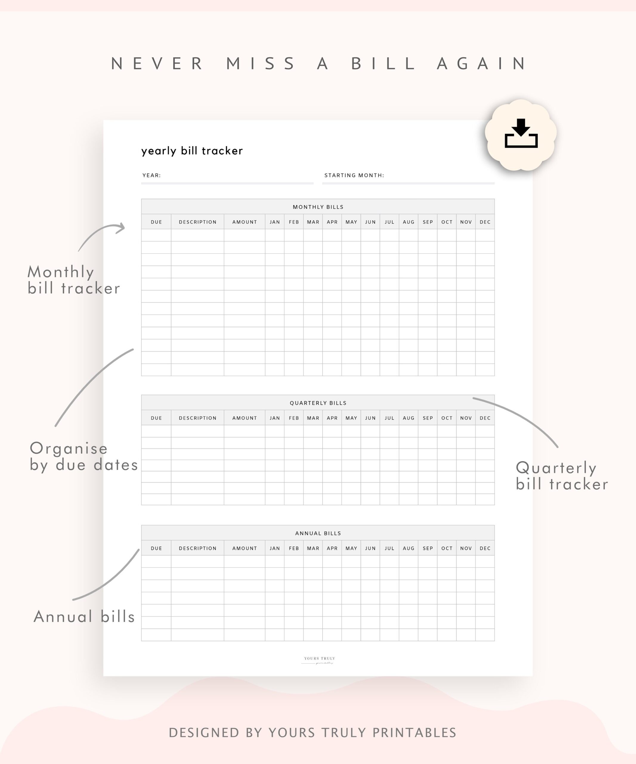 Bill Tracker Printable Bill Payment Tracker Yearly Bill Pay Checklist Monthly Bill Payment Log Quarterly Bill Organizer Inserts Template Etsy