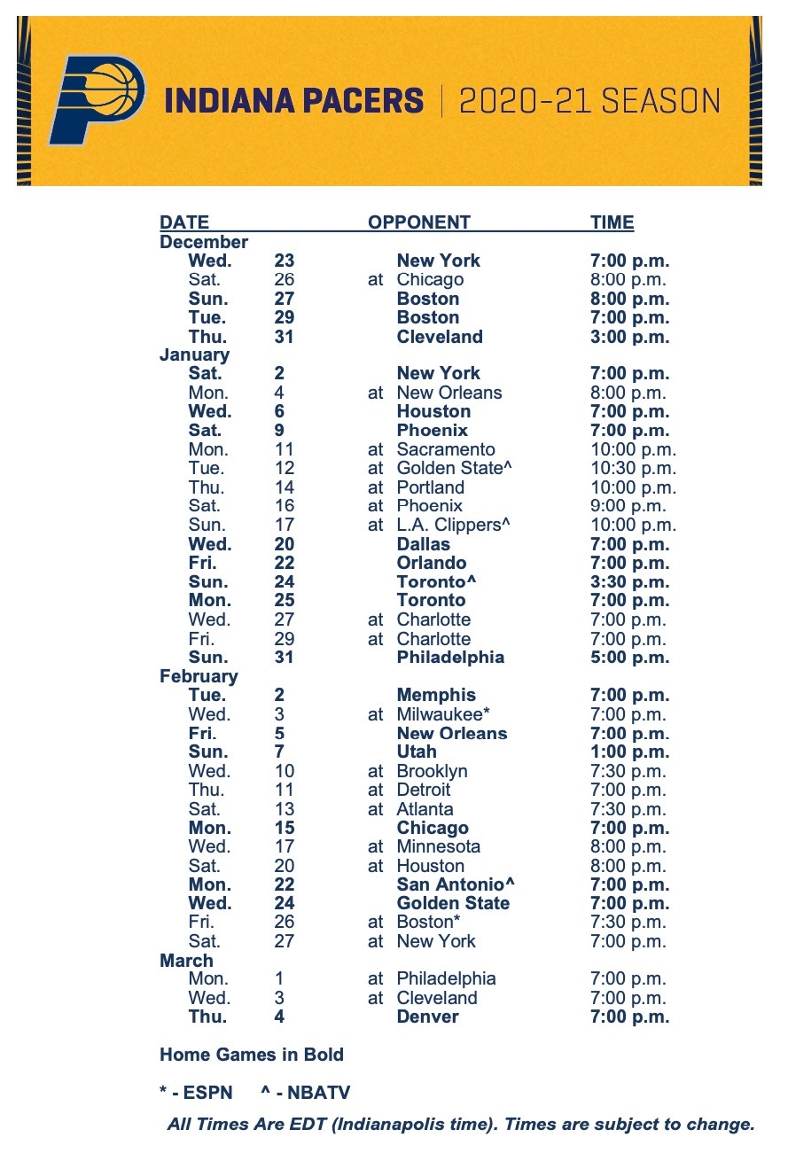 Indiana Pacers Schedule Printable