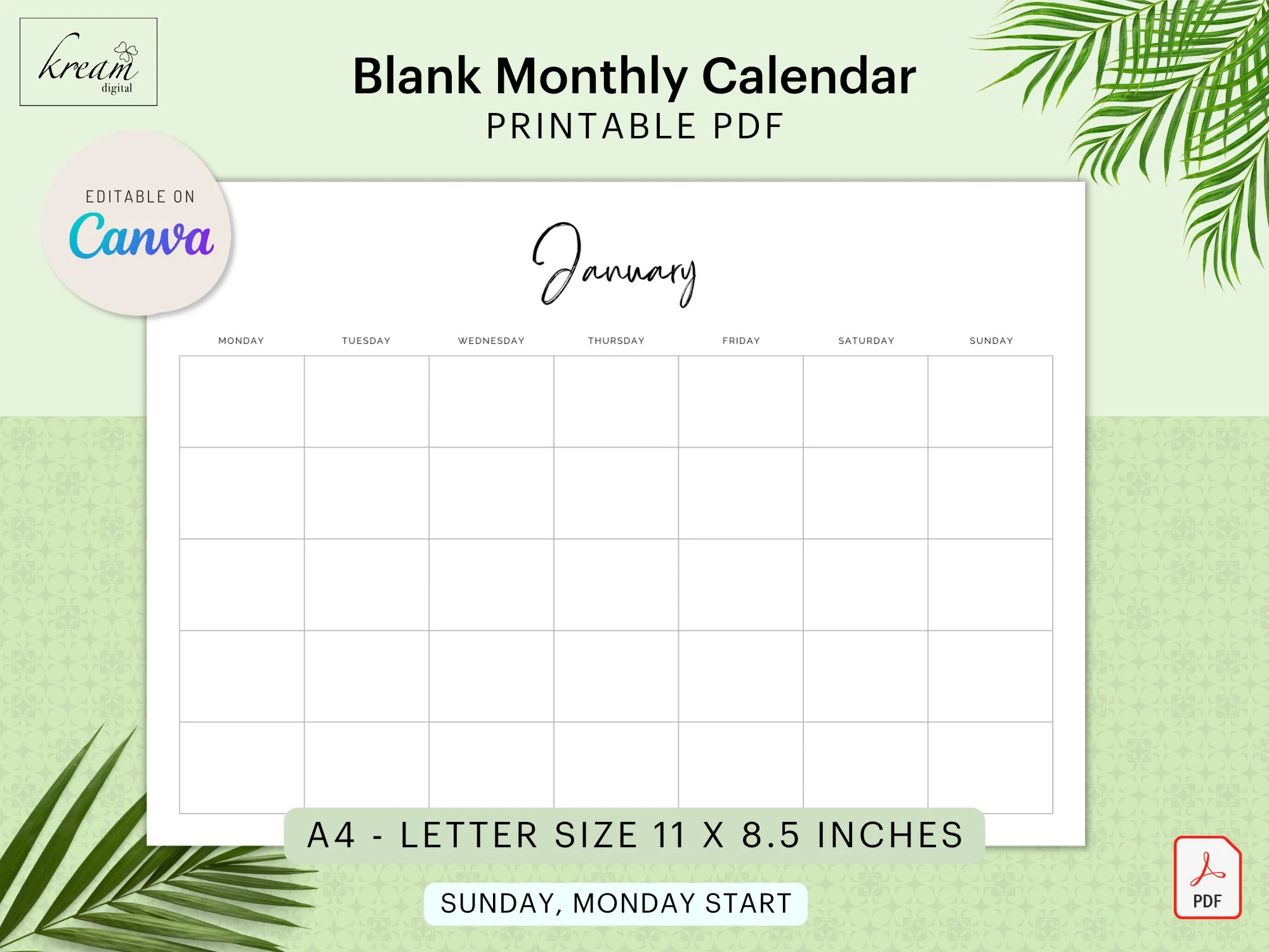 CANVA Blank Monthly Calendar Sunday And Monday Start Printable PDF A4 Letter Size 11 X 8 5 Commercial Licence Etsy