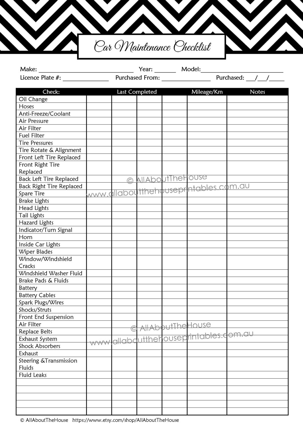 Car Maintenance Checklist Printable Planner Household Binder Home Organization Homekeeping Notebook Vehicle Auto Log Editable PDF Etsy