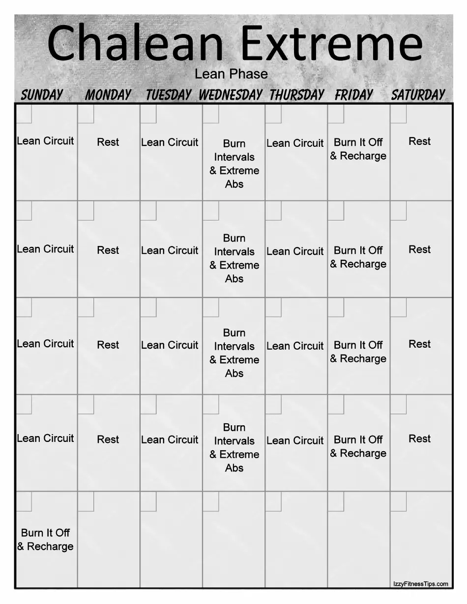 Chalean Extreme Lean Phase Workout Calendar Template Vertical Download Printable PDF Templateroller