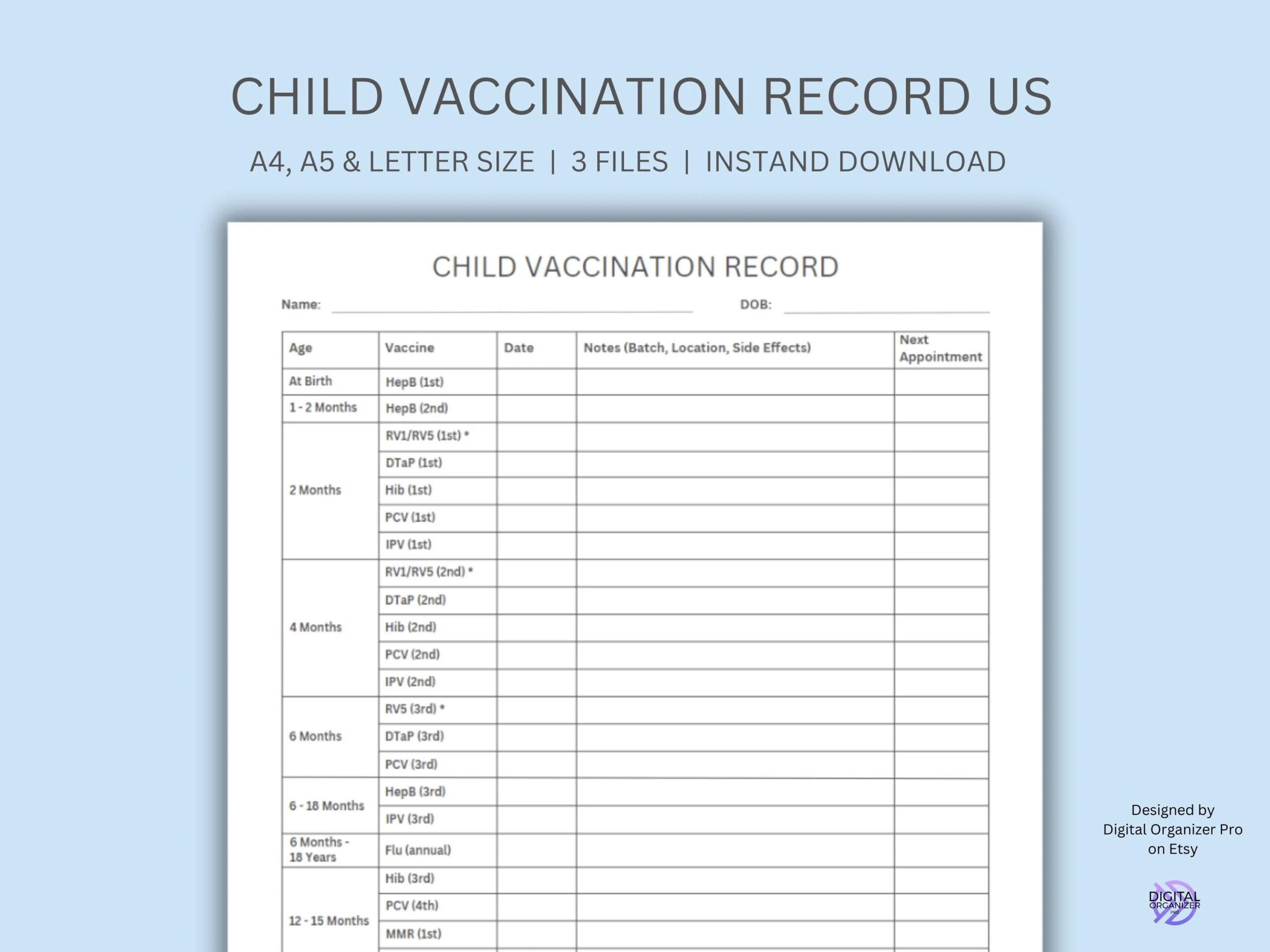 Child Vaccination Schedule Etsy