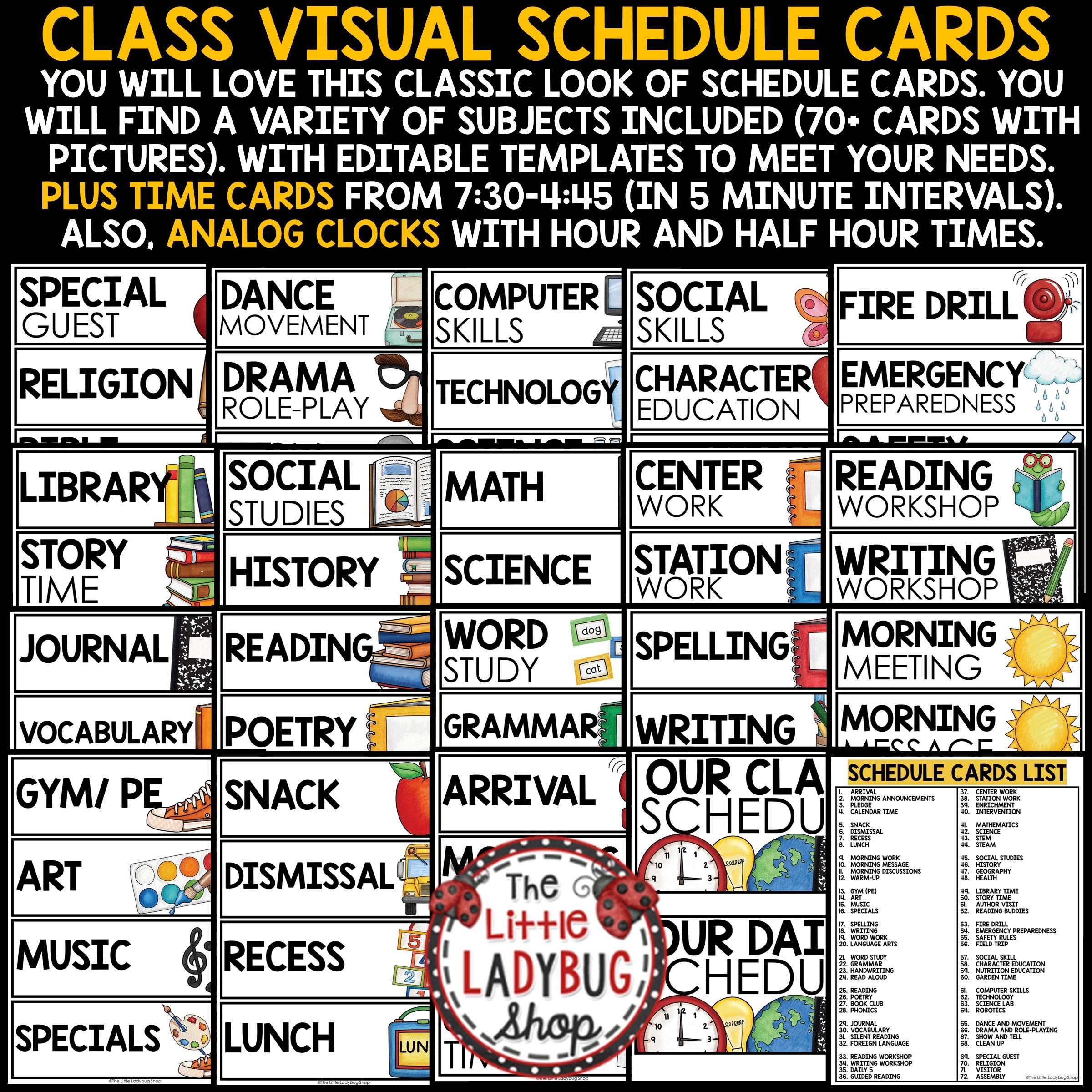 Class Daily Visual Schedule Cards Templates With Pictures The Little Ladybug Shop
