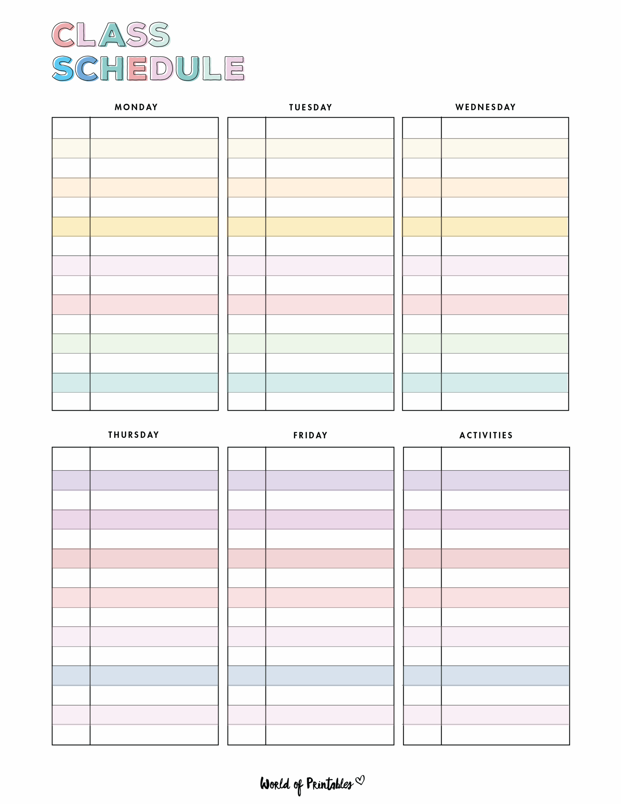 Weekly Class Schedule Template Printable