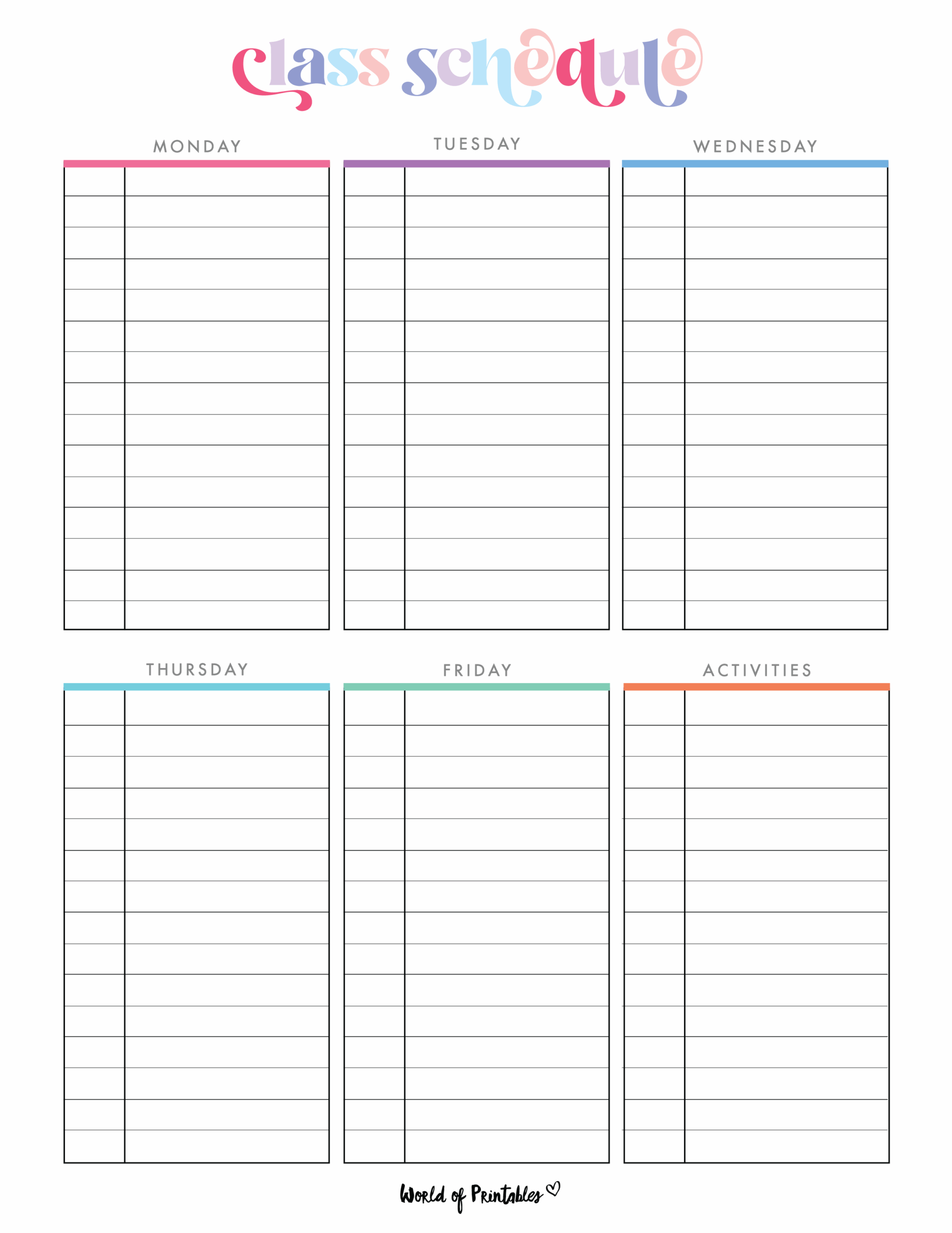 Class Schedule Templates World Of Printables