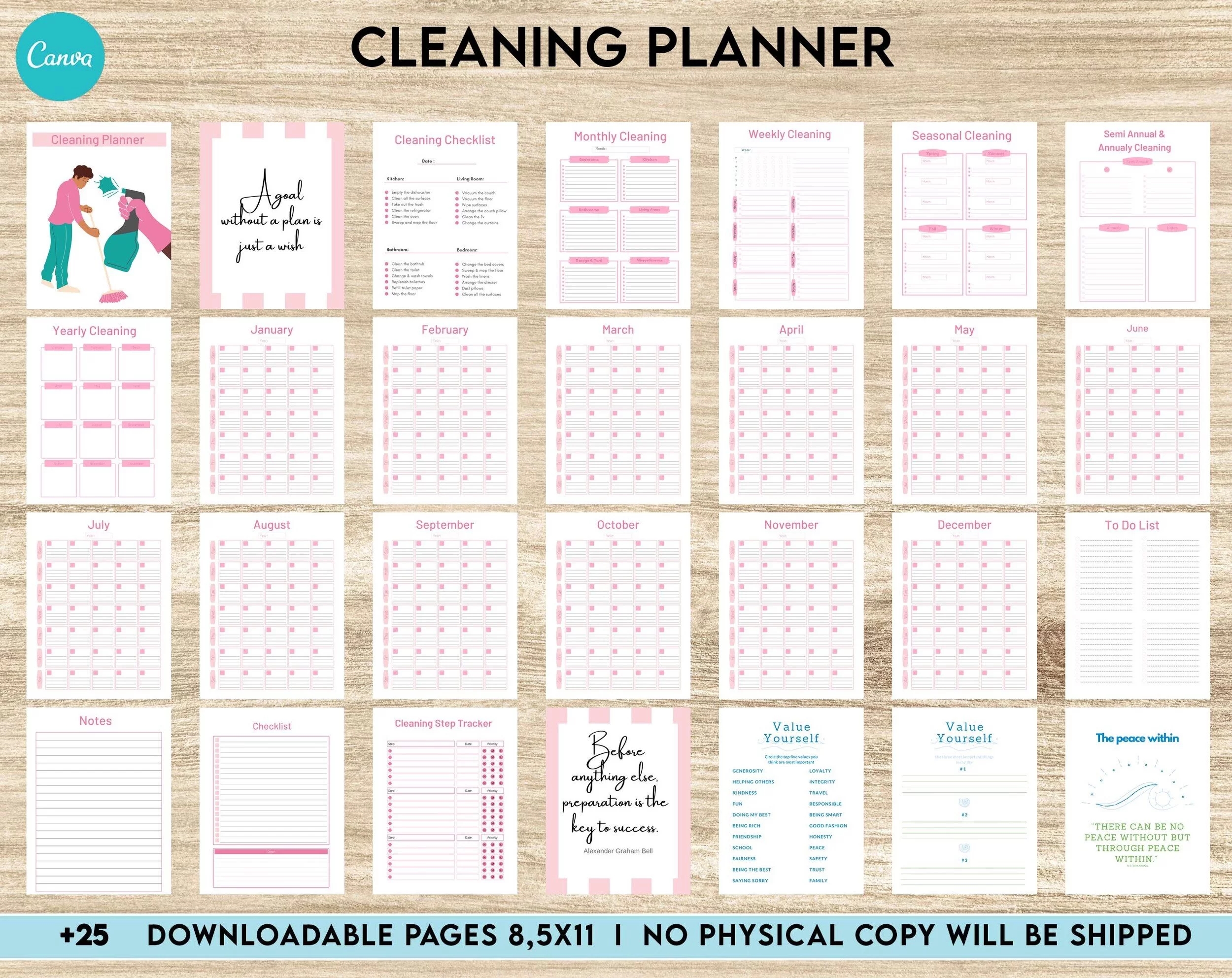 Cleaning Planner Daily Weekly Monthly Checklist Cleaning Tracker Canva Editable Interior Templates Planners Weekly