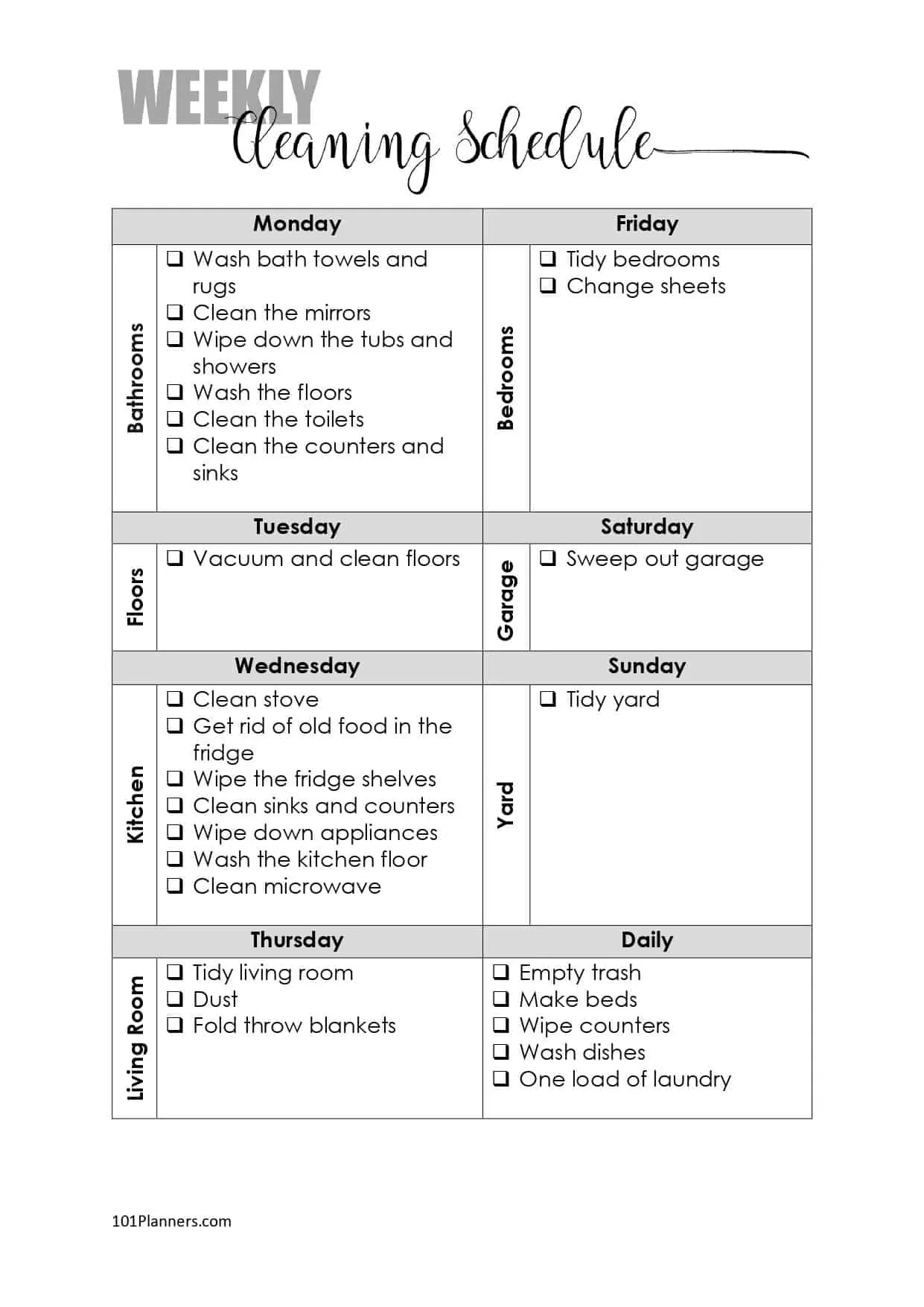 Cleaning Schedule Cleaning Checklist