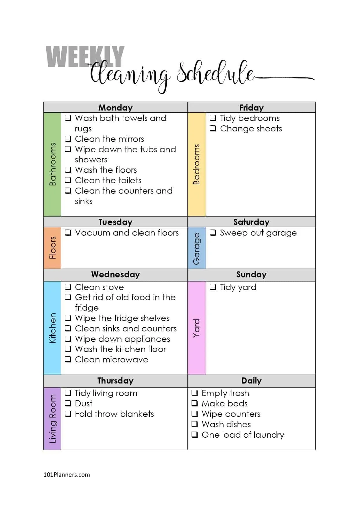 Cleaning Schedule Cleaning Checklist