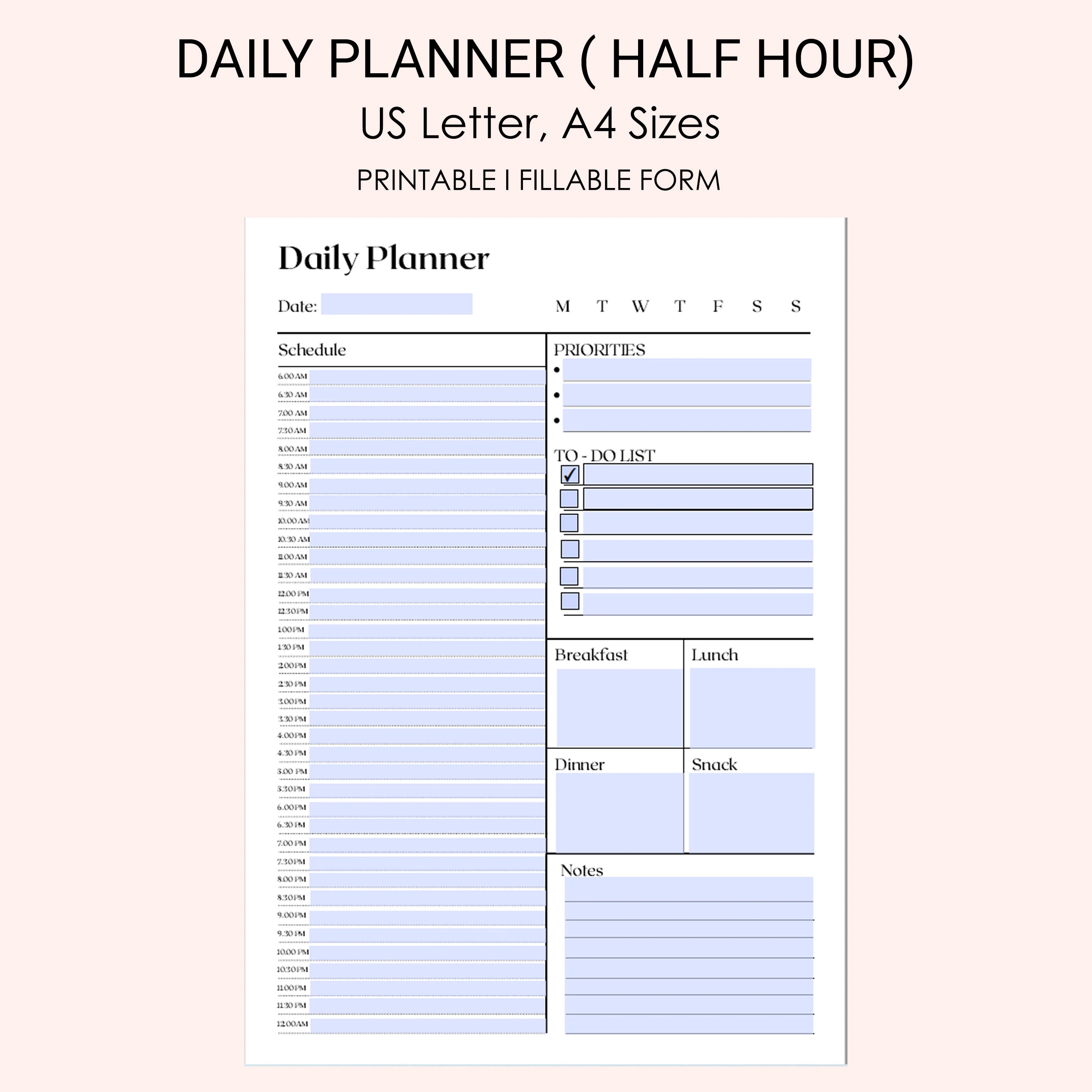 Daily Planner half hour Schedule Routine I Hourly Planner I Daily Calendar Daily Schedule To do List Fillable PDF Printables Etsy