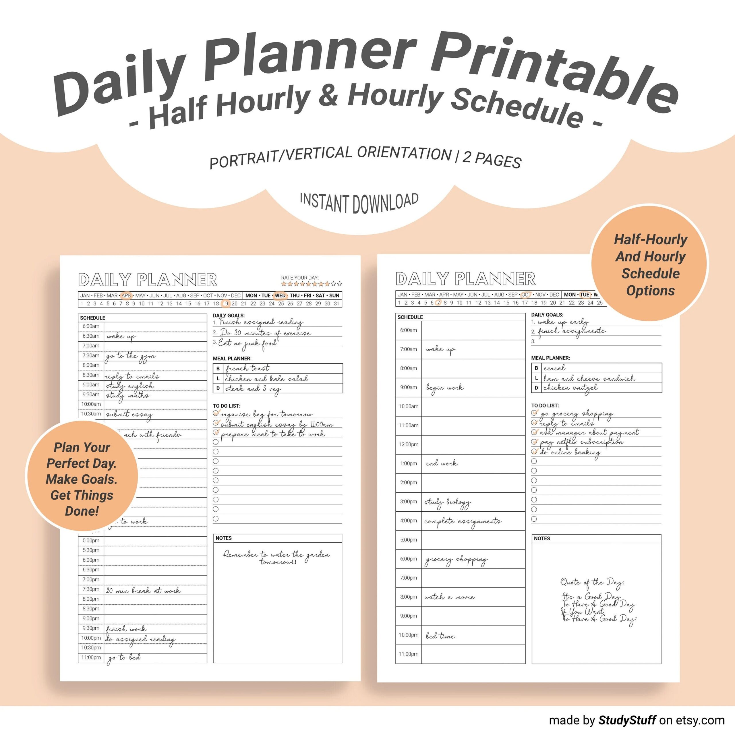 Daily Planner Printable Half Hourly Hourly Schedule Daily Goals Daily Meal Planner To Do List Undated Daily Planner Template Etsy