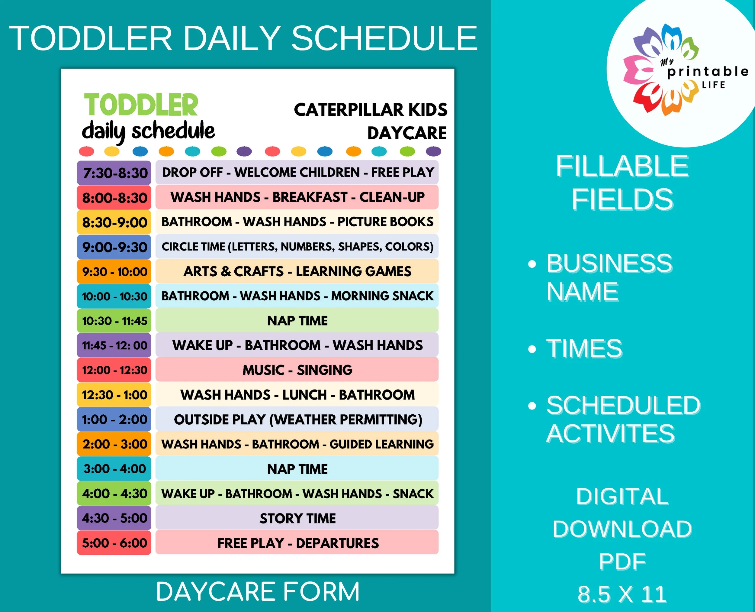 Daycare Daily Schedule For Toddlers Printable Child Care Fillable PDF Etsy