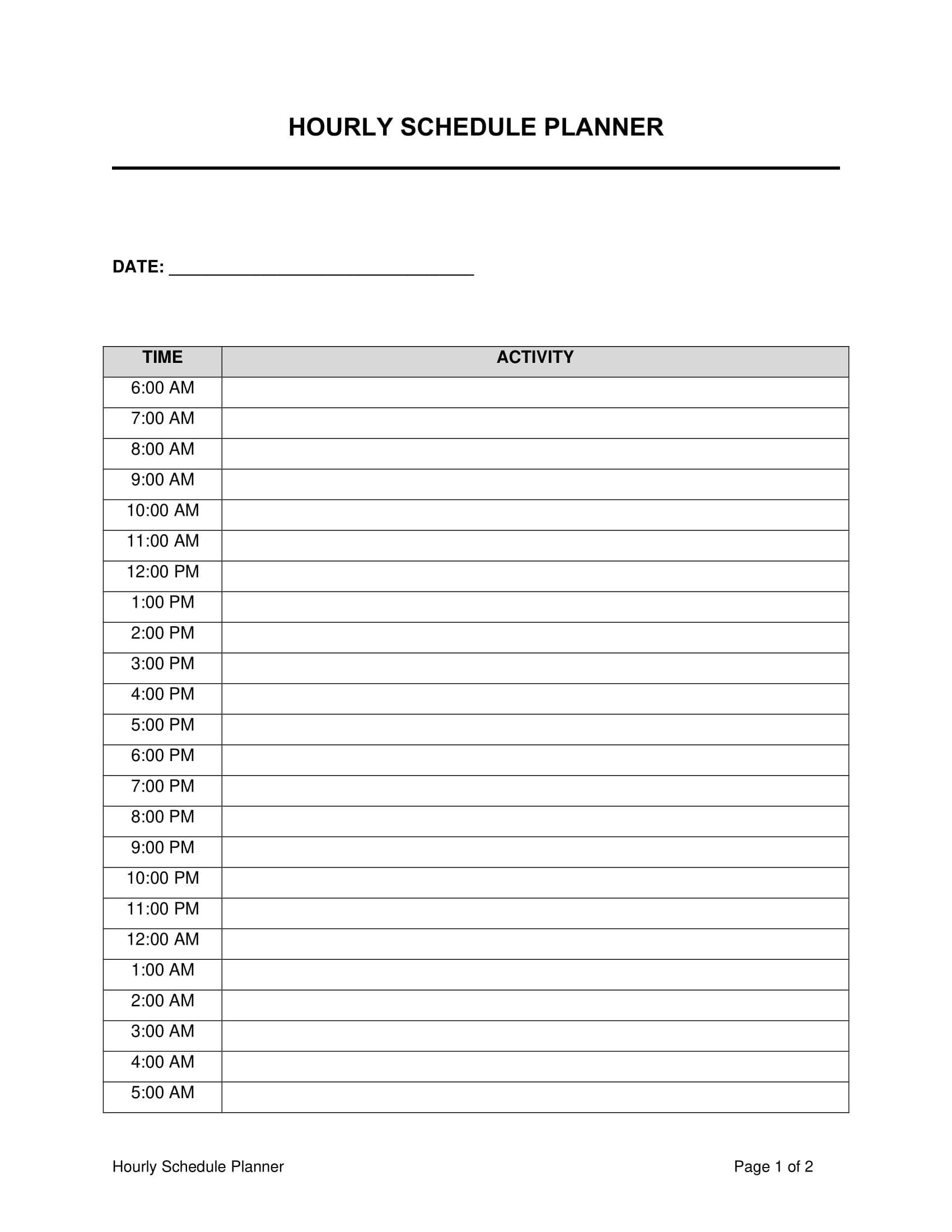 Daily Hourly Printable Schedule