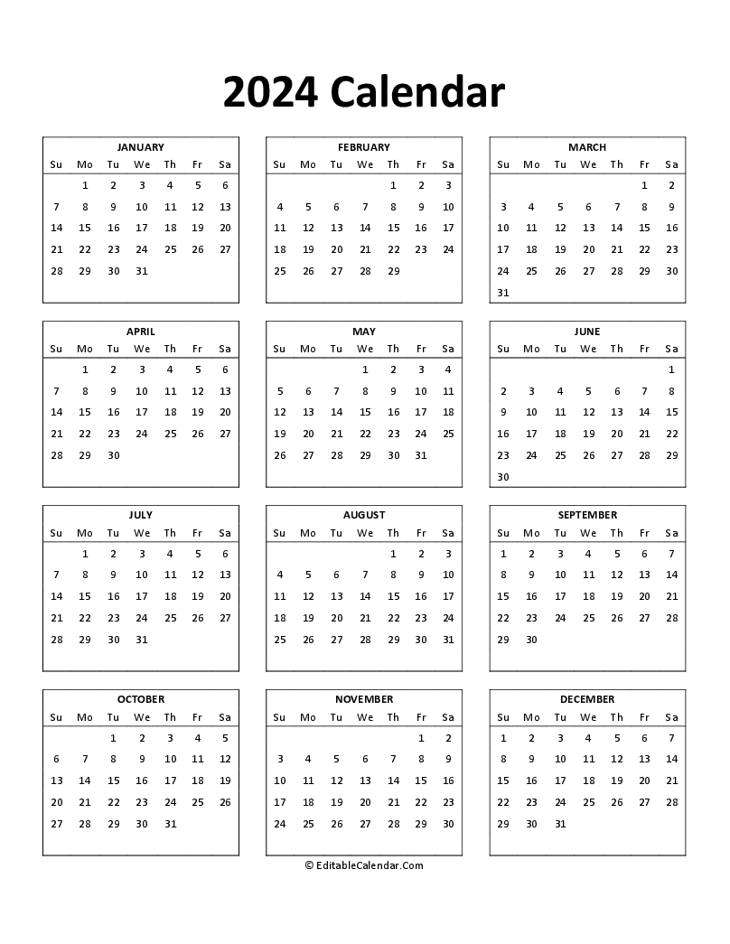 Download Free Printable 2024 Calendar PDF Version 