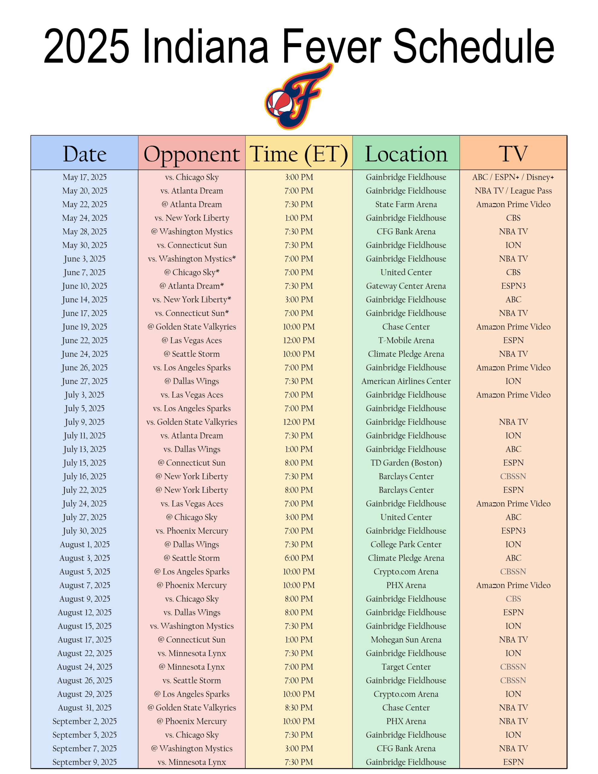 Download Printable Indiana Fever Schedule For 2025 WNBA Season Interbasket