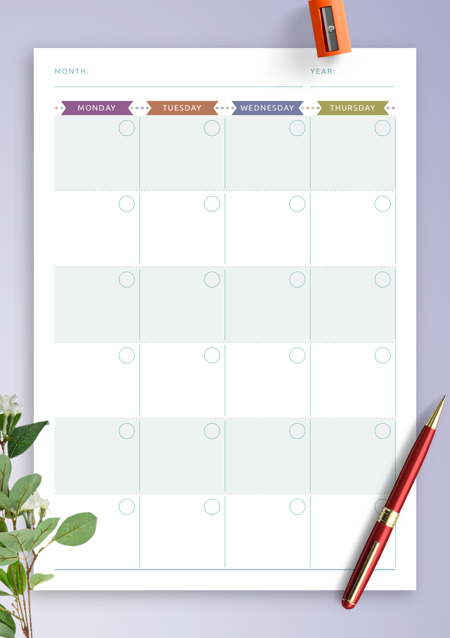 Download Printable Monthly Calendar Planner Undated Casual Style PDF