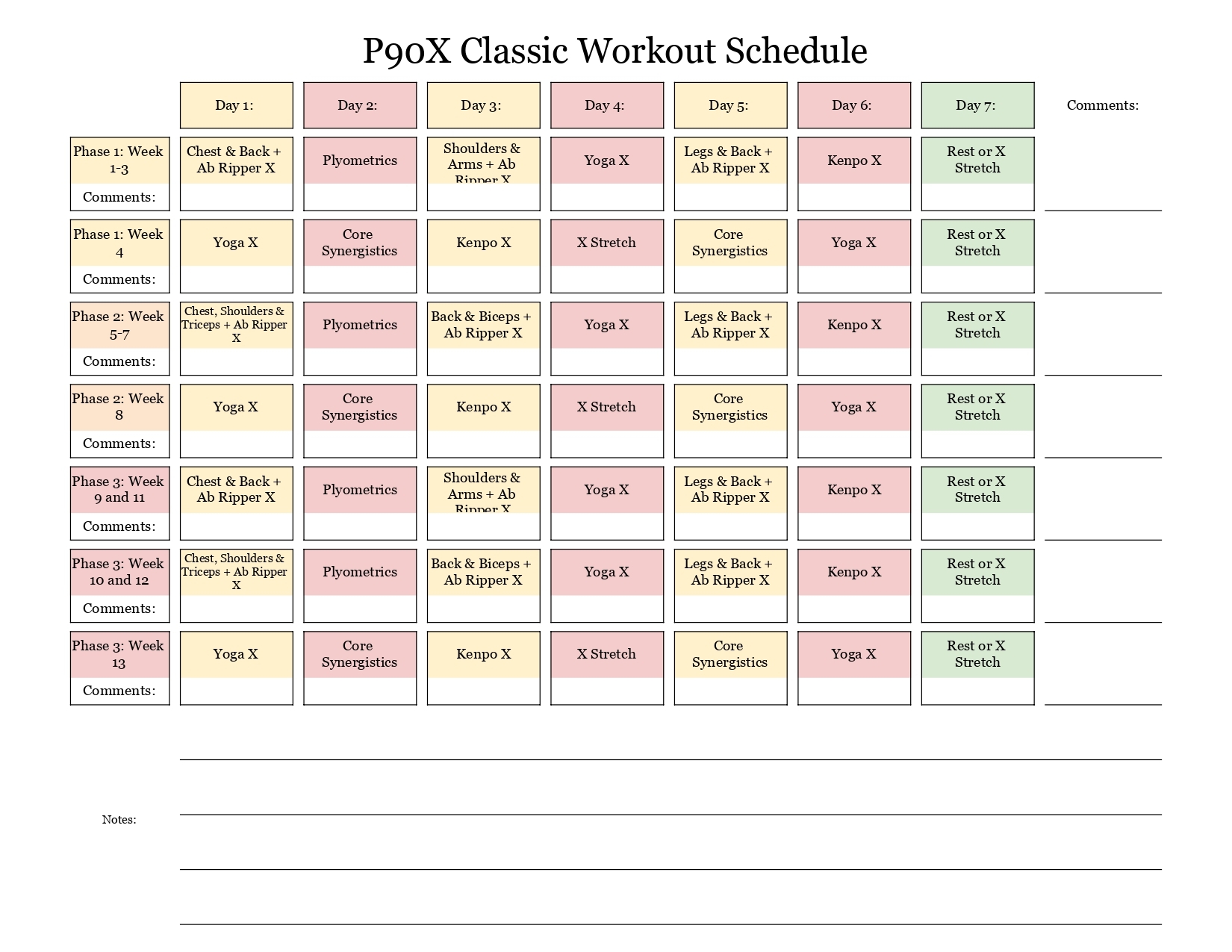 P90x Printable Schedule