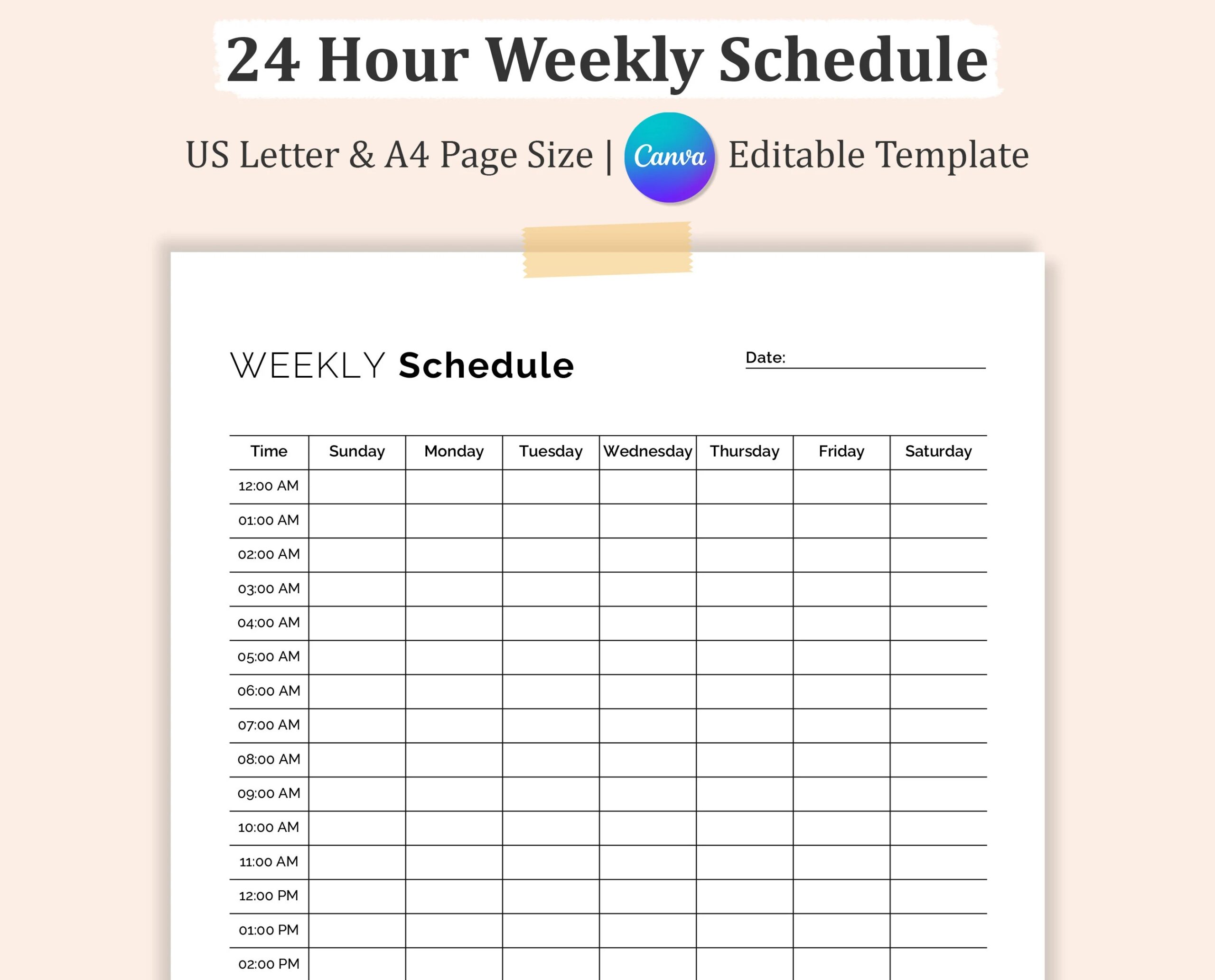 Editable 24 HOUR WEEKLY SCHEDULE Printable 24 Hour Daily Planner Weekly Agenda Weekly To Do List Weekly Planner Week At A Glance Etsy