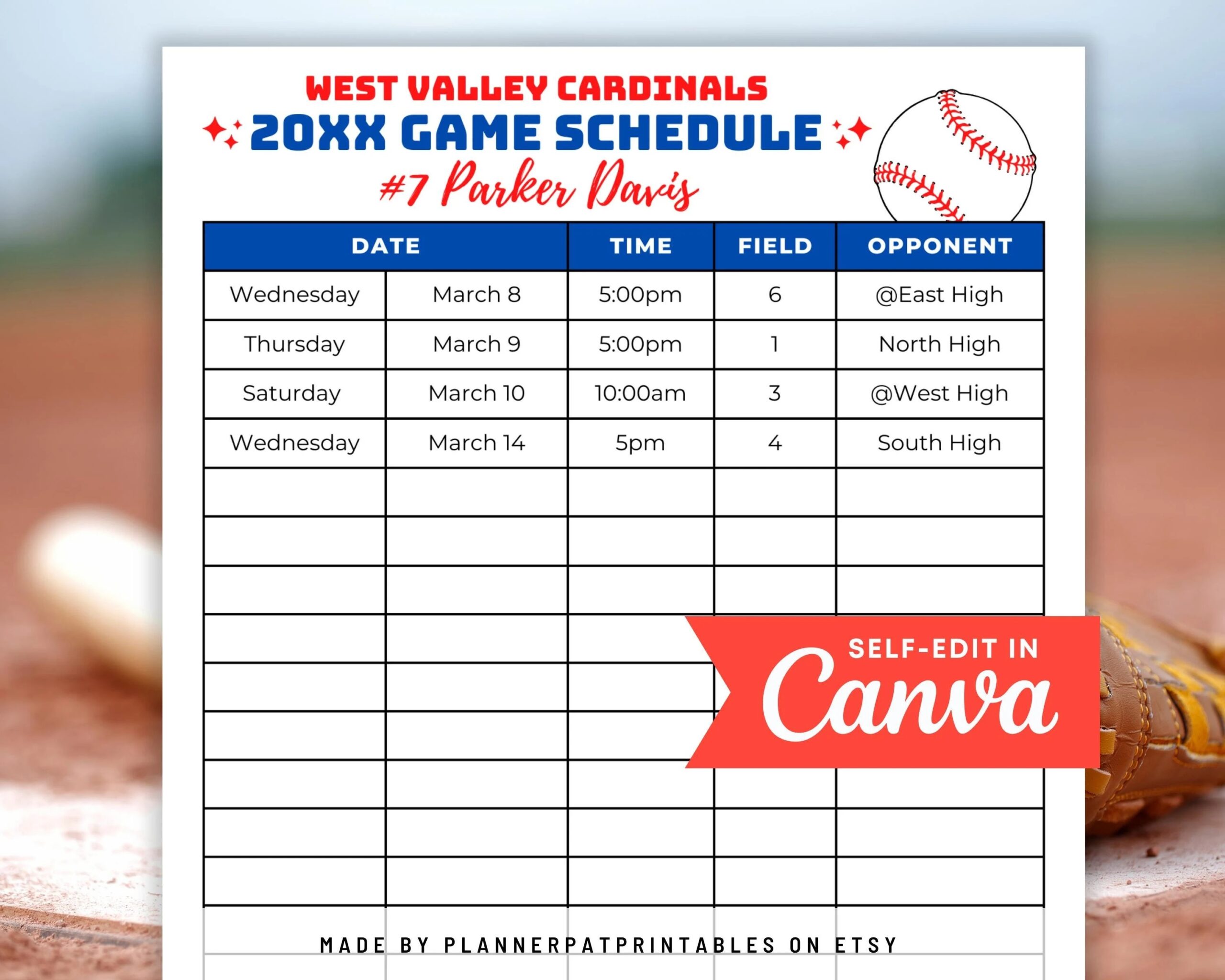 Editable Baseball Game Day Schedule Template DIY Game Or Practice Calendar Etsy