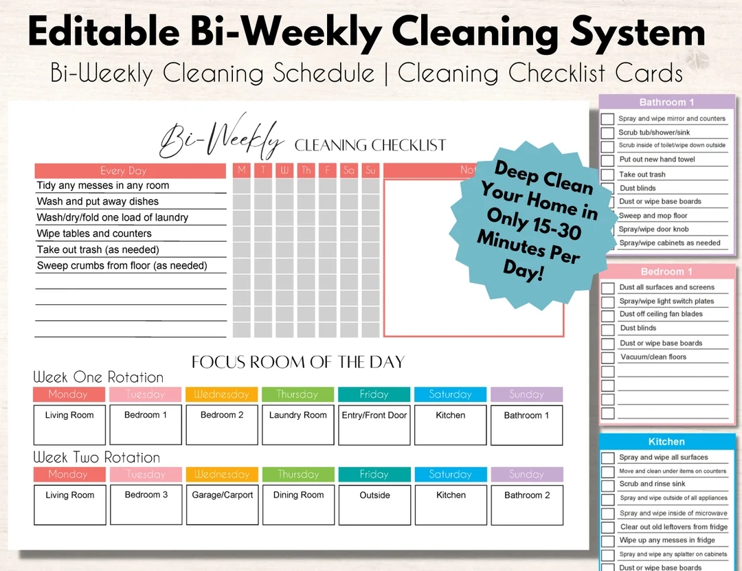Editable Bi weekly Cleaning Schedule Printable With Cleaning Checklist For Each Room Etsy