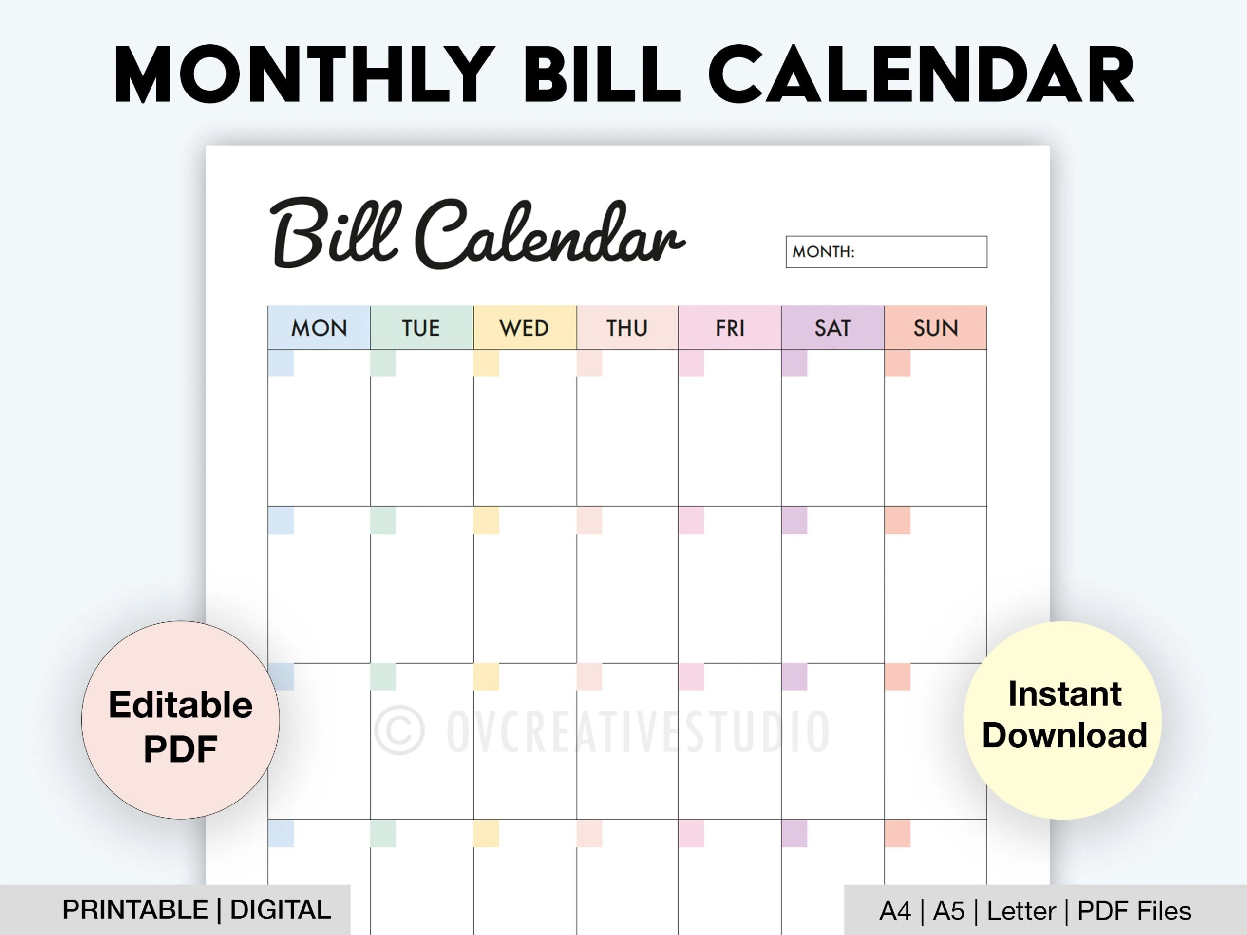 Editable Bill Calendar Printable Monthly Bill Planner Monthly Bill Log Bill Payment Checklist Bill Payment Tracker Digital PDF Etsy