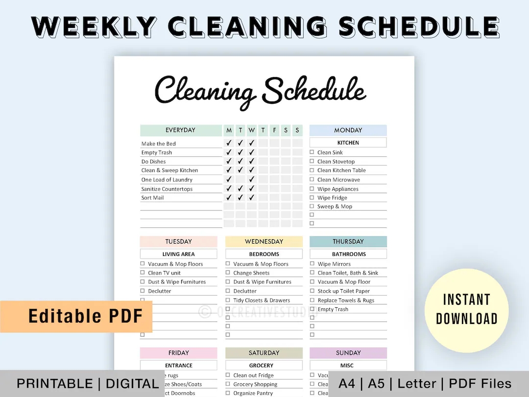 Editable Cleaning Schedule Printable Cleaning Checklist Weekly Cleaning Planner Chore List House Chores Digital PDF Etsy
