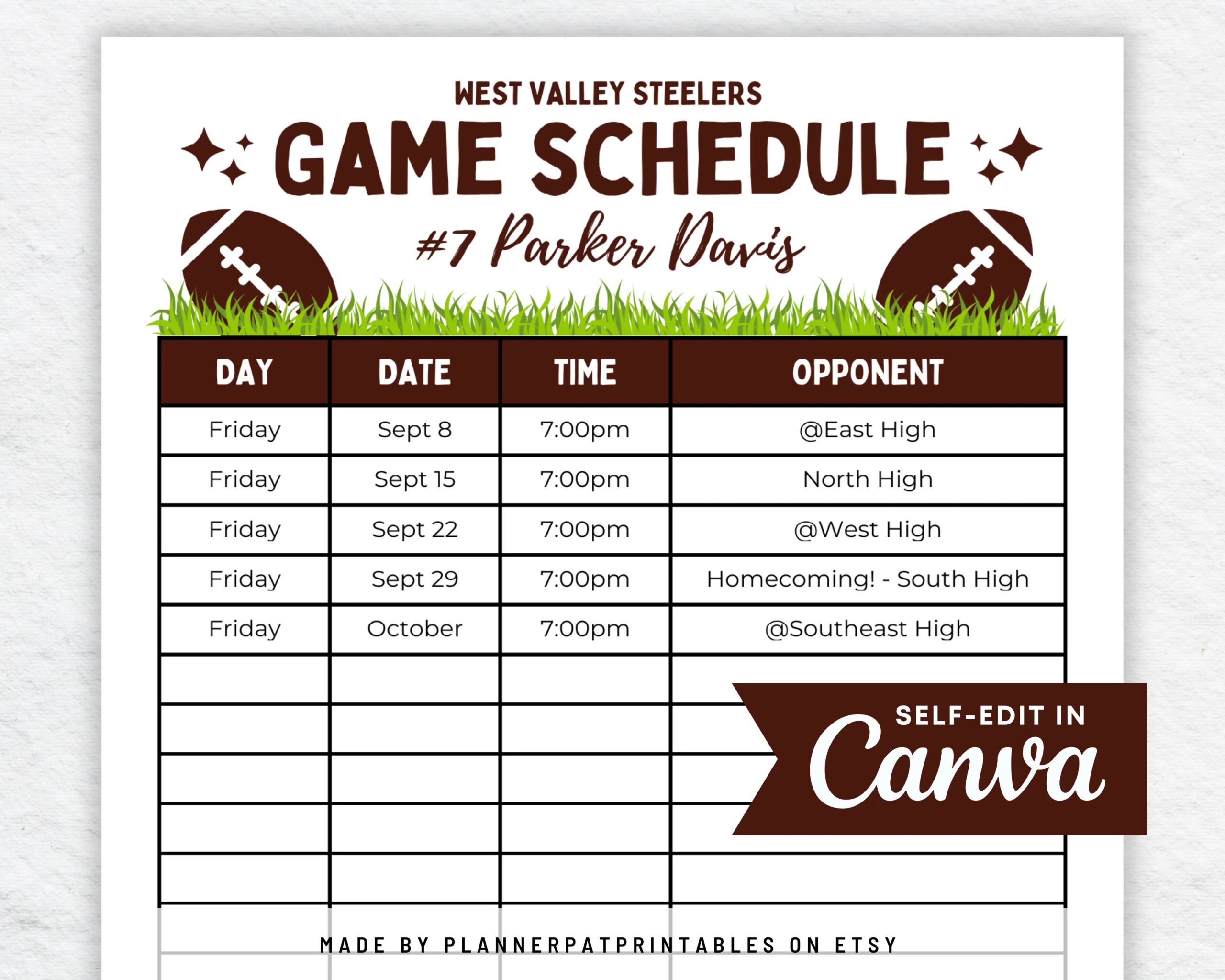 Editable Football Schedule Template Football Practice Or Game Calendar Etsy