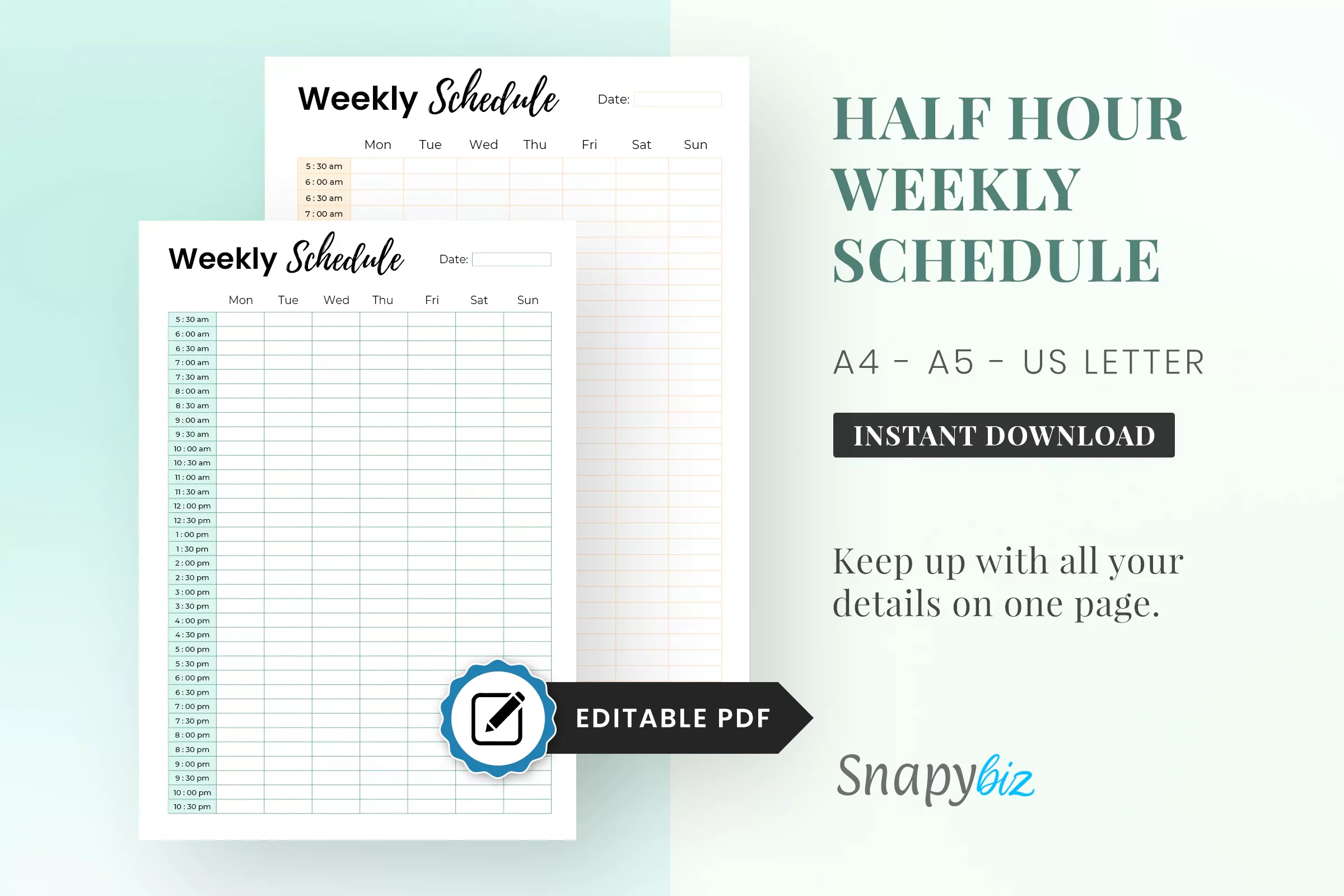 Editable Half Hour Weekly Schedule