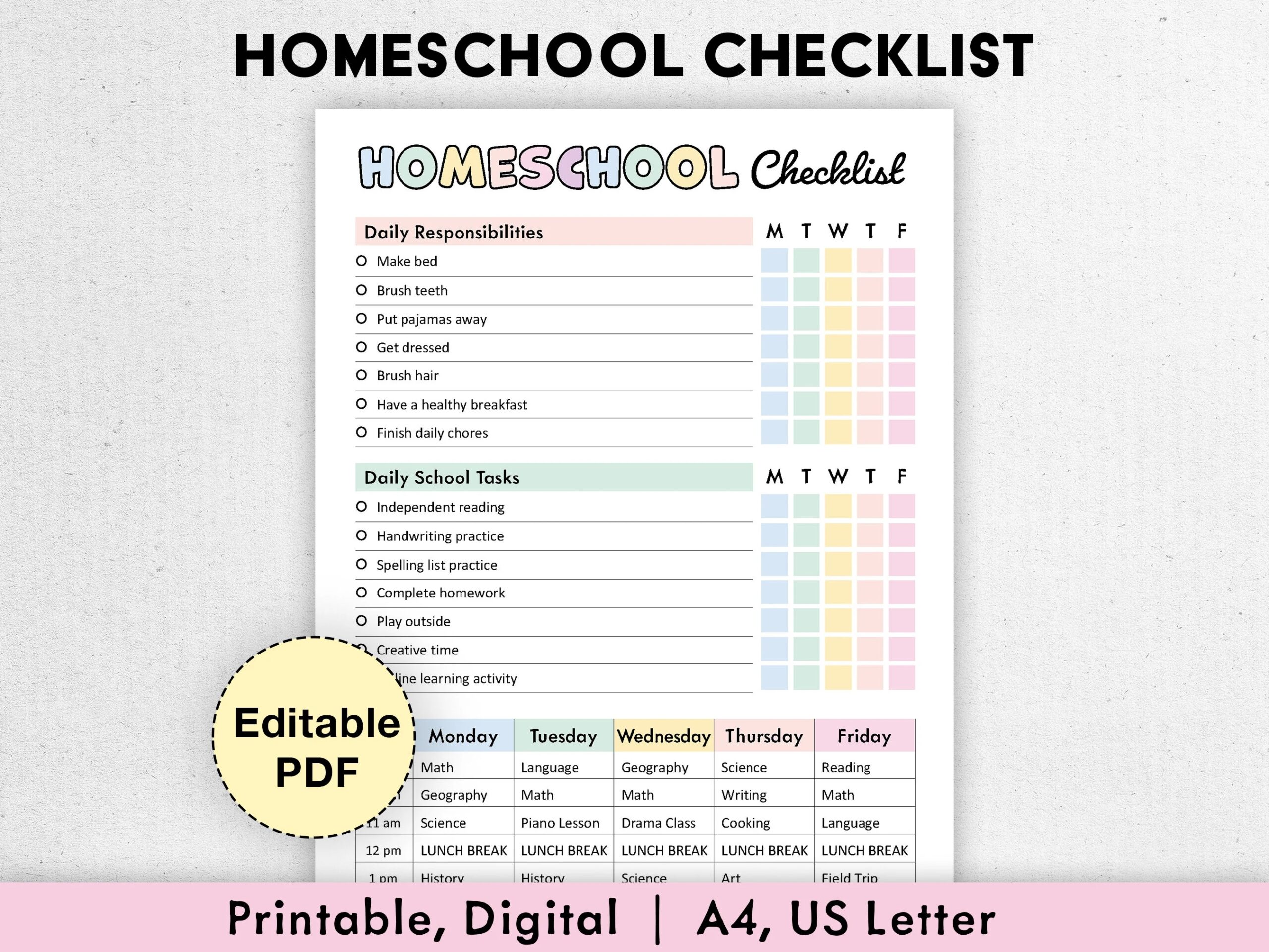 Editable Homeschool Checklist Printable Digital Homeschool Planner Daily Schedule For Kids Schoolday Routine Student Template PDF Etsy