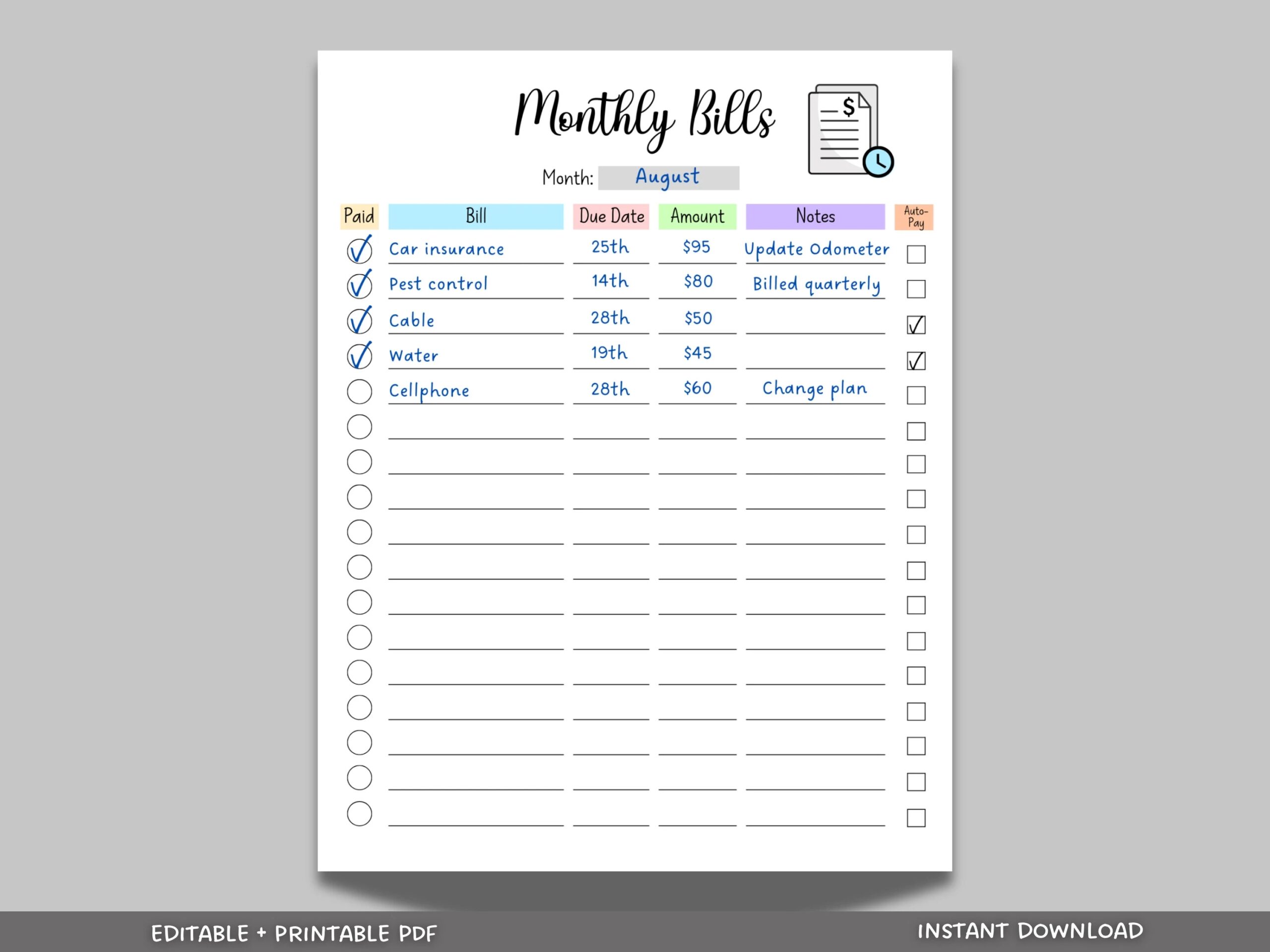 Editable Monthly Bill Tracker Monthly Bill Log Bill Planner Bill Payment Checklist Tracker Printable Bill Pay Organizer Bill Management Etsy
