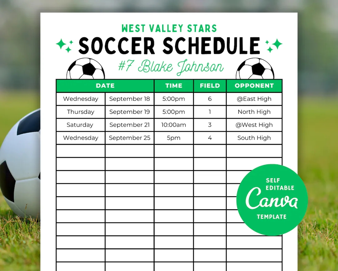 Editable Soccer Schedule Template Canva Soccer Game Calendar Etsy