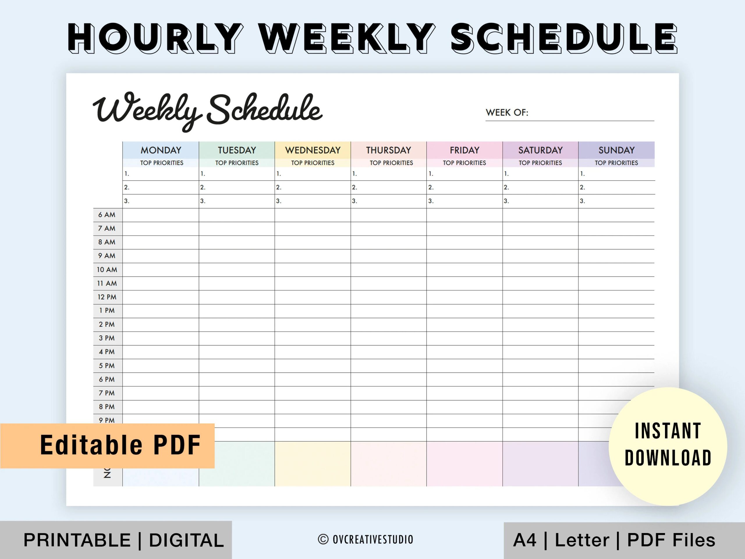 Editable Weekly Schedule Printable Weekly Planner PDF Weekly Planner Digital Week At A Glance To Do List Hourly Weekly Schedule Etsy