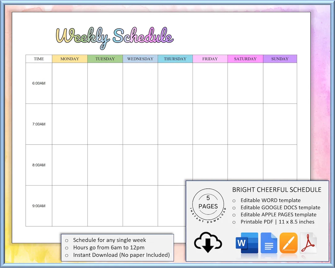 EDITABLE Weekly Schedule Template WORD Google Docs Apple Pages Printable With Room To Write Weekly Planner Weekly Timetable Agenda Etsy