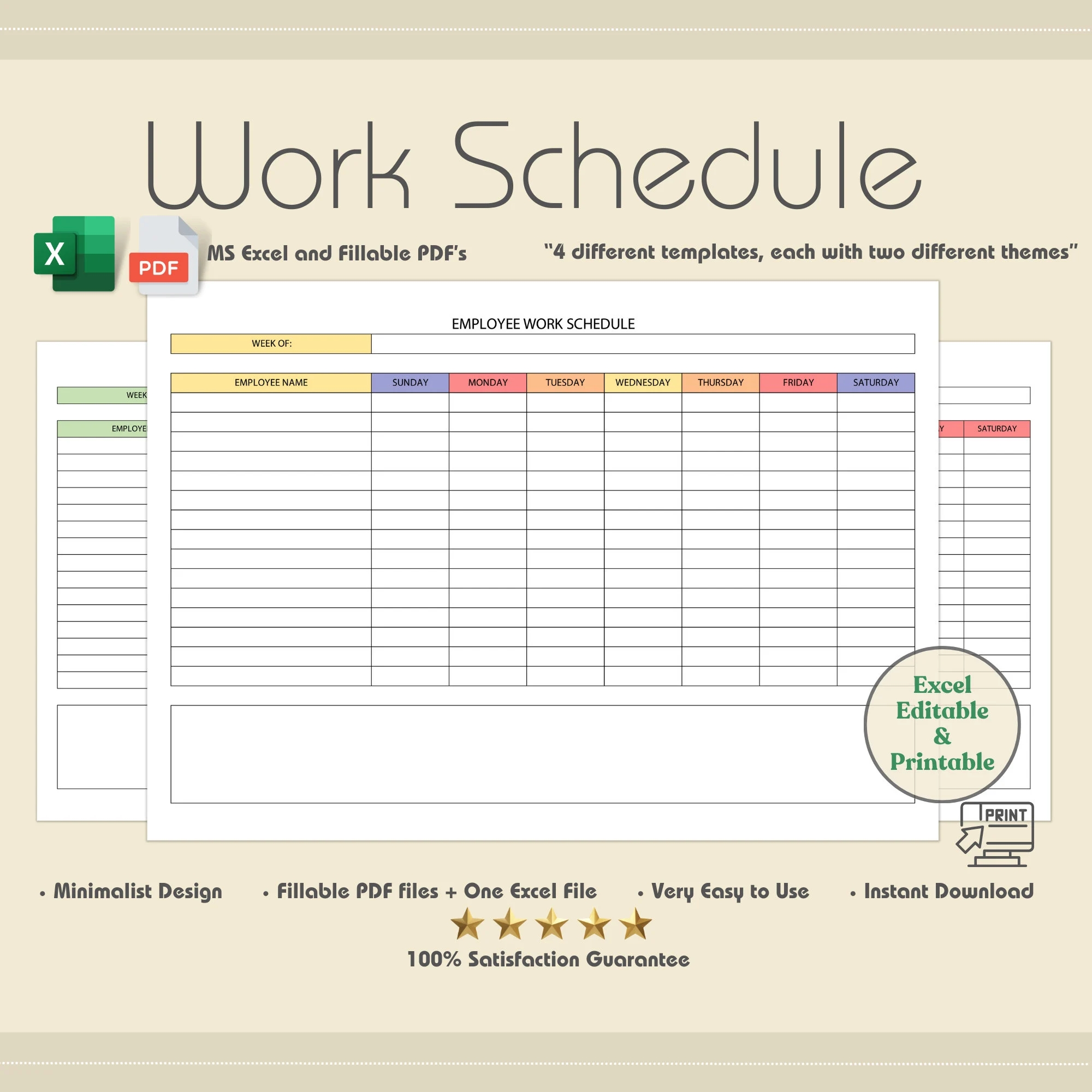 Employee Work Schedule 10 Fillable PDF Printable And Excel Employee Time Sheet Attendance Tracker Time Card Printable Templates Etsy