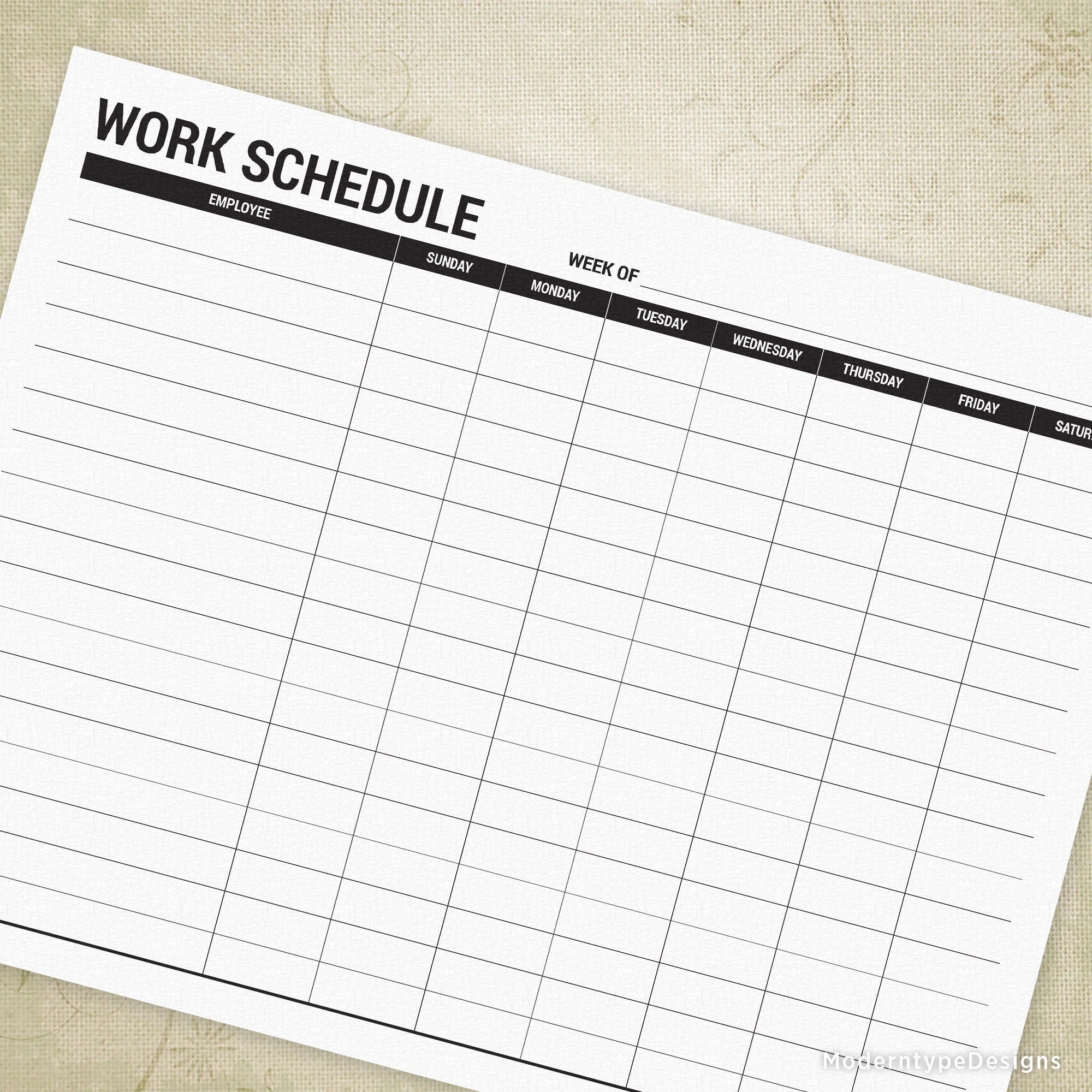 Employee Work Schedule Printable Form Simple Landscape Staff Hours Job Time List Weekly Daily Digital File Instant Download Ews007 Etsy