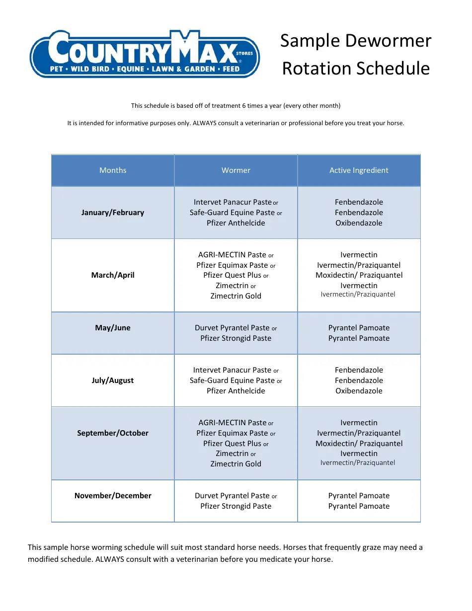 Equine Dewormer Rotation Schedule Template Country Max Download Printable PDF Templateroller