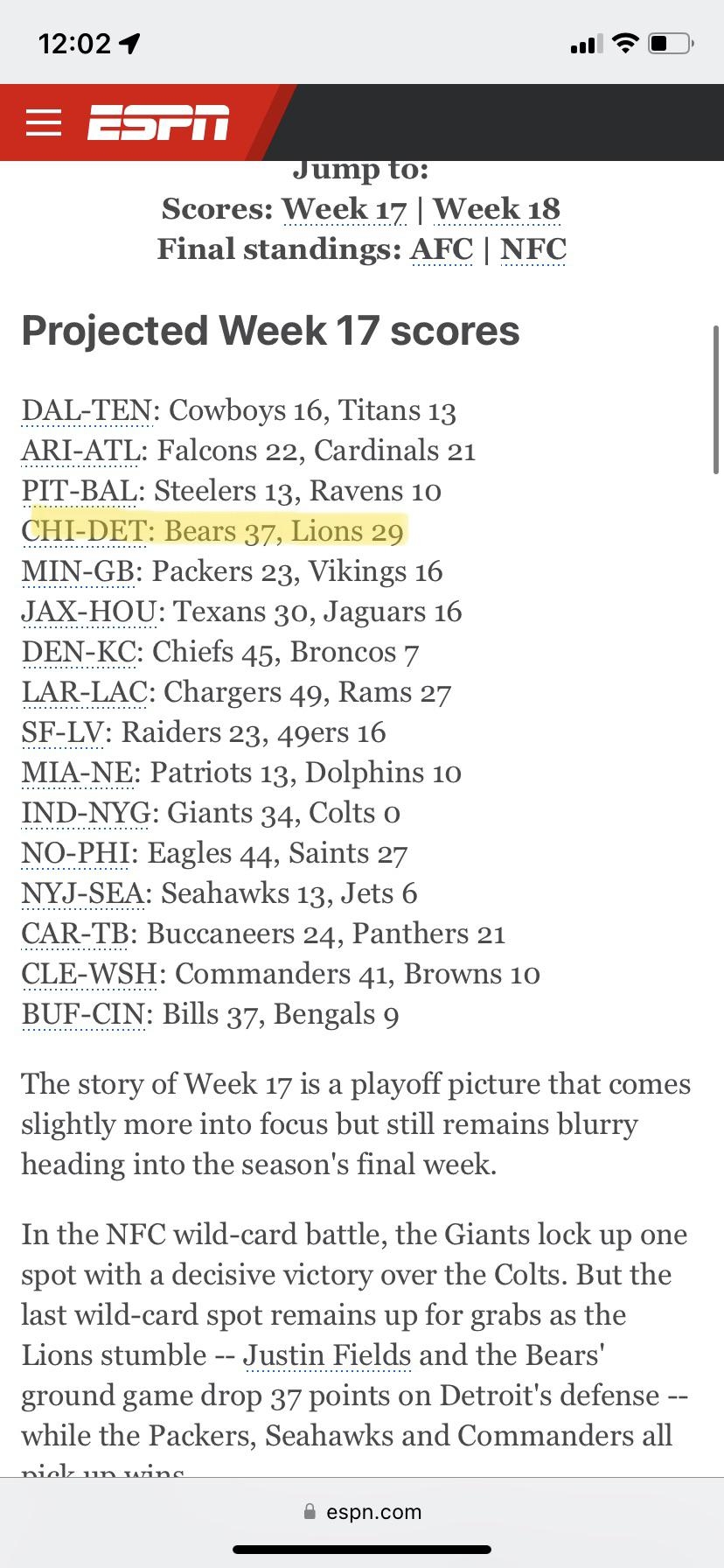 ESPN Week 17 Predictions R detroitlions