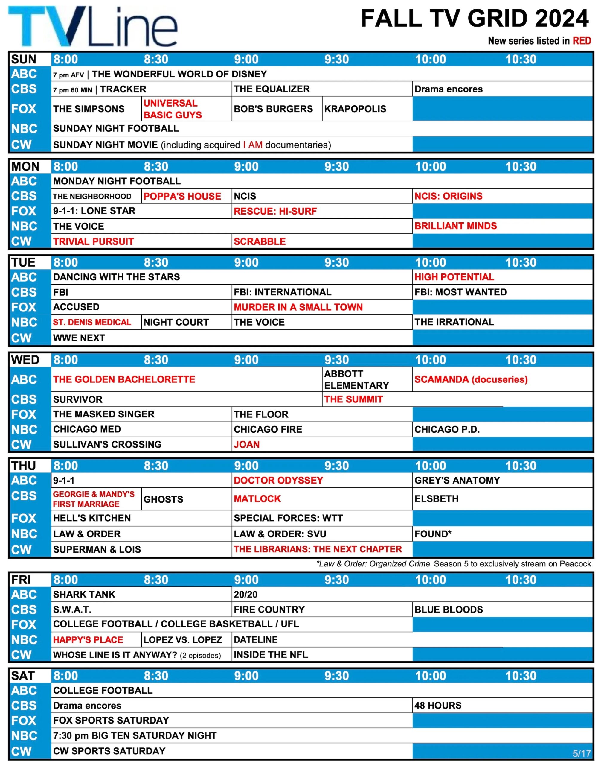Fall TV Schedule 2024 Network TV Grid CBS NBC ABC Fox CW