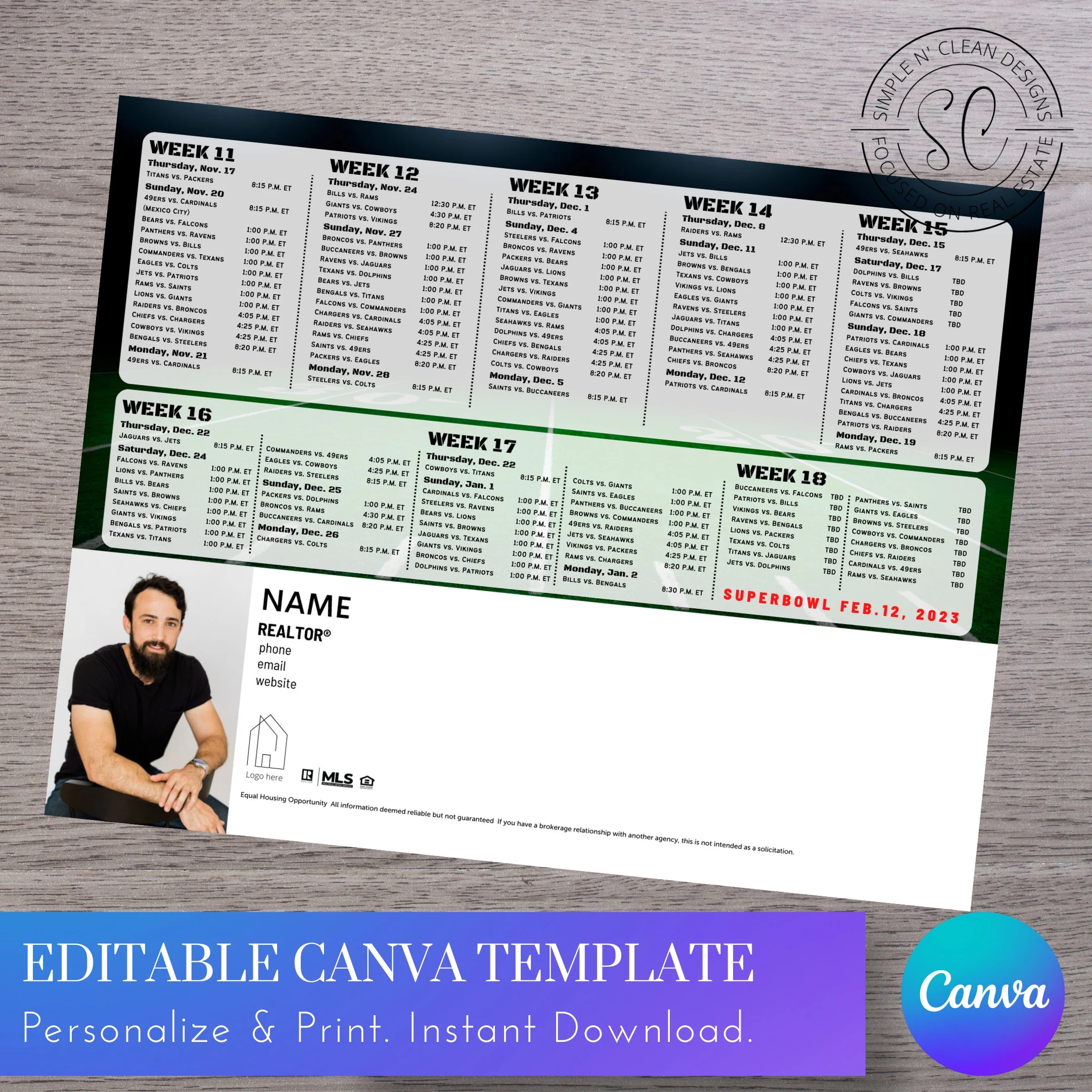 Football Schedule Mailing Postcard 8 5x11 In 2 Sided Instant Download Canva Editable Etsy