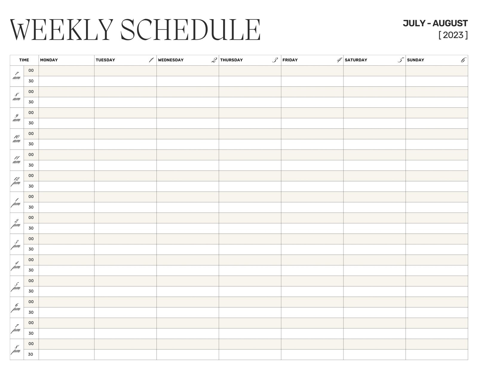 Printable Weekly Schedule With Time Slots