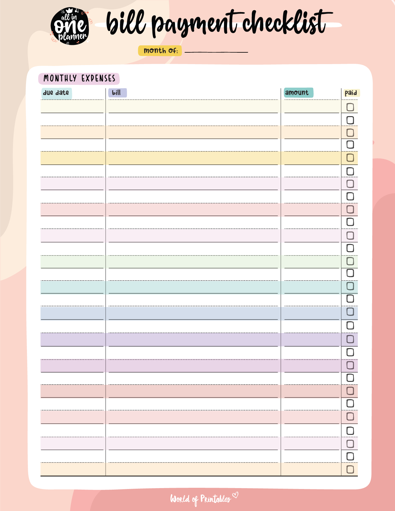 Free Bill Payment Checklist PDF World Of Printables