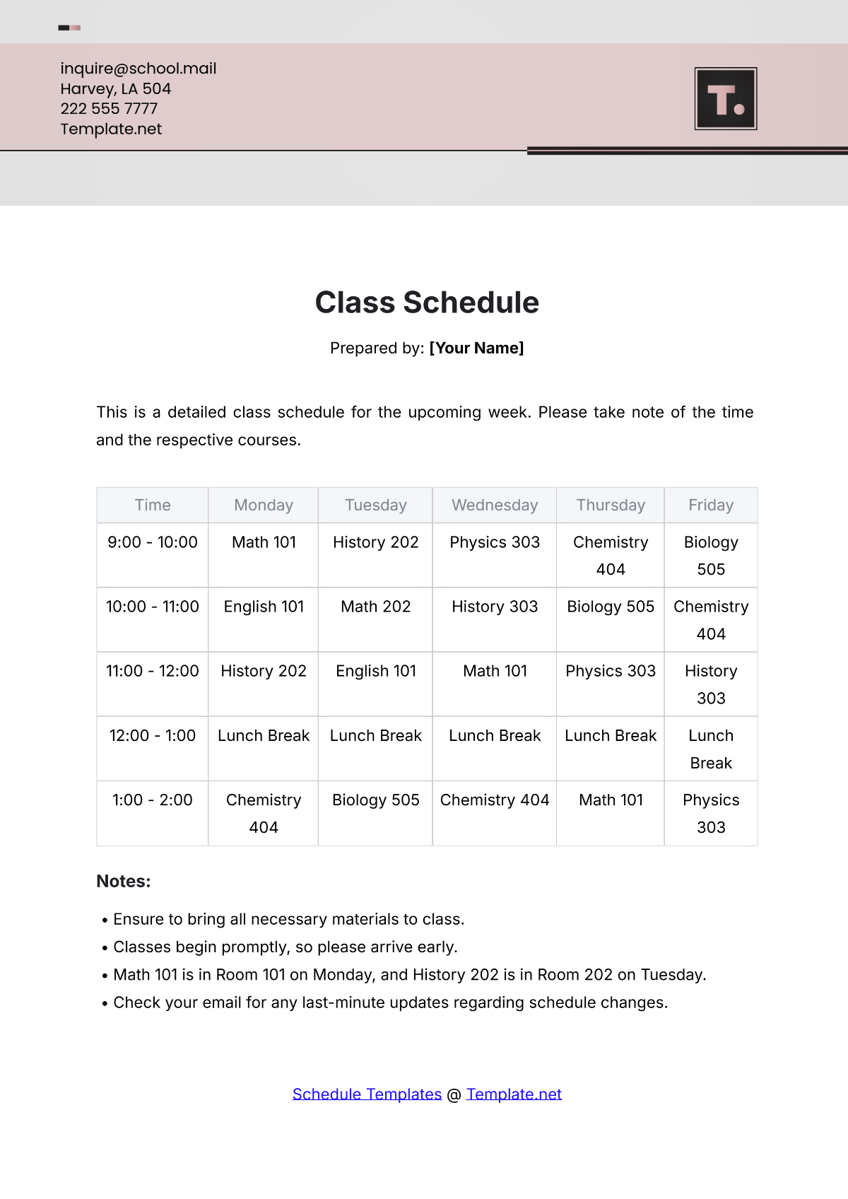 Class Schedule Templates Free Printable