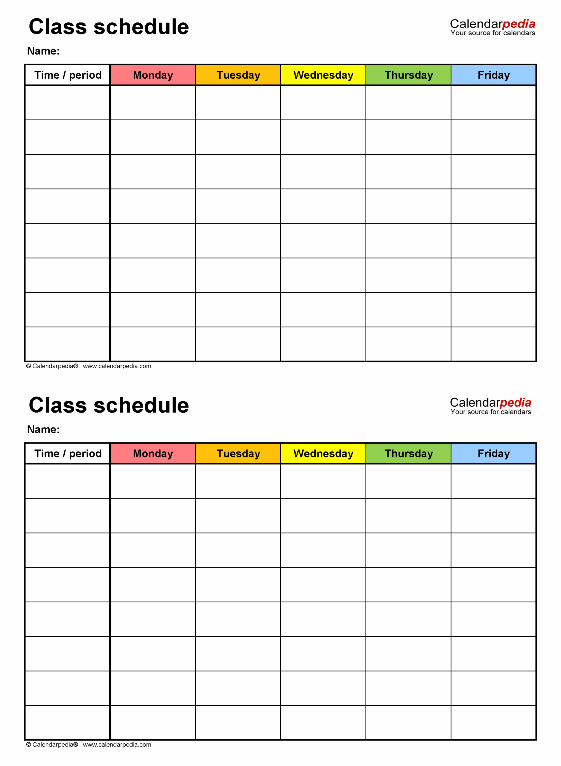 College Class Schedule Template Printable