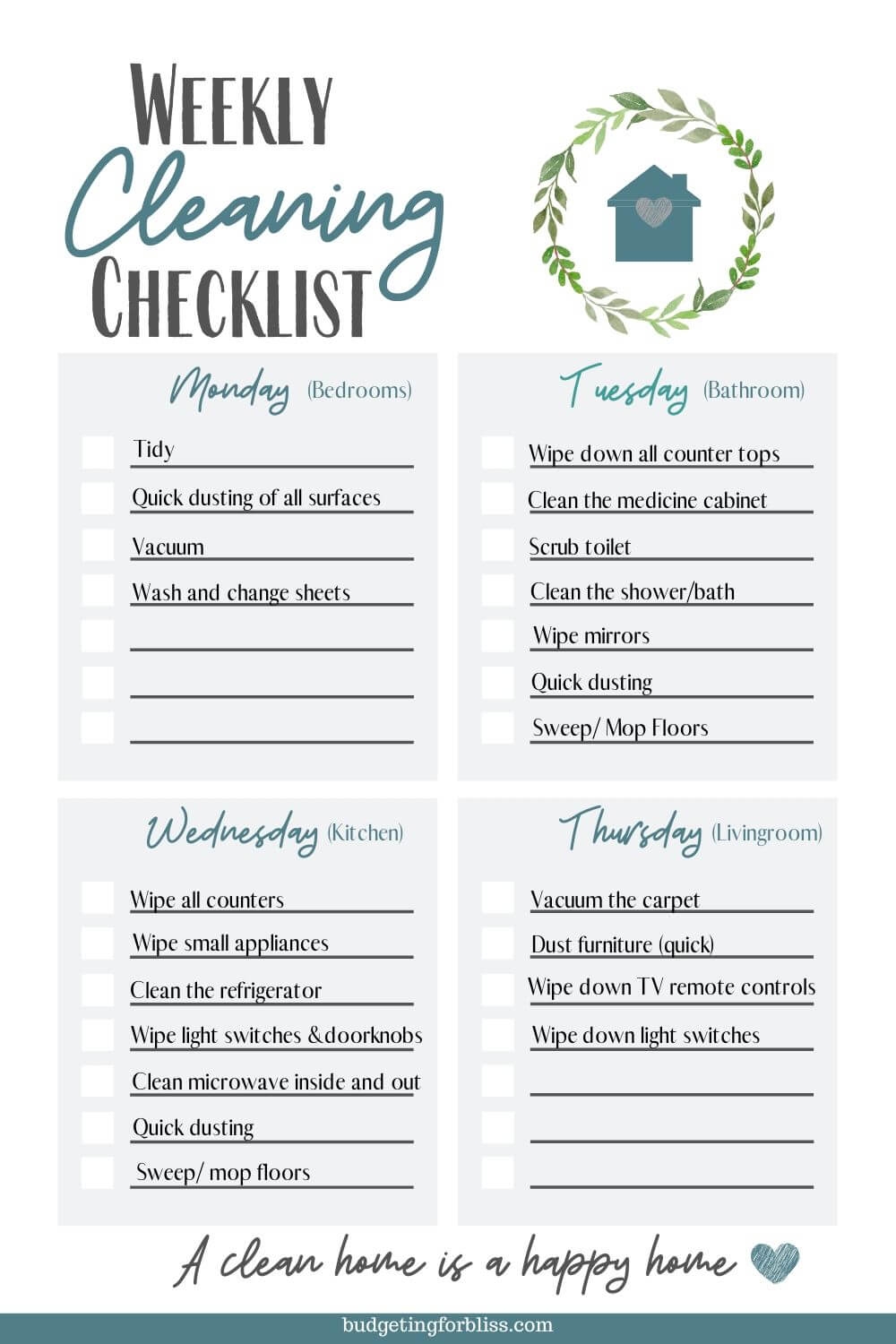 Free Cleaning Checklists Daily Weekly And Monthly Budgeting For Bliss